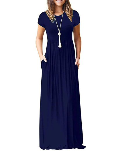 MISFAY Women Short Sleeve Loose Plain Maxi Dresses Casual Long Dresses Pockets(Navy BlueS) - estesbrandsllc.com