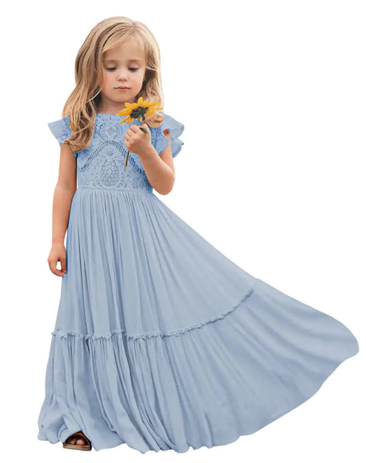 Girwem Boho Toddler Flower Girls Dresses for Wedding Lace Embroidery Bridesmaid Dresses Long Chiffon Party Dresses 2 Dusty Blue