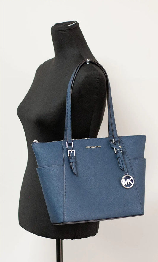 Michael Kors Charlotte Navy Leather Large Top Zip Tote - Estes Brands, LLC