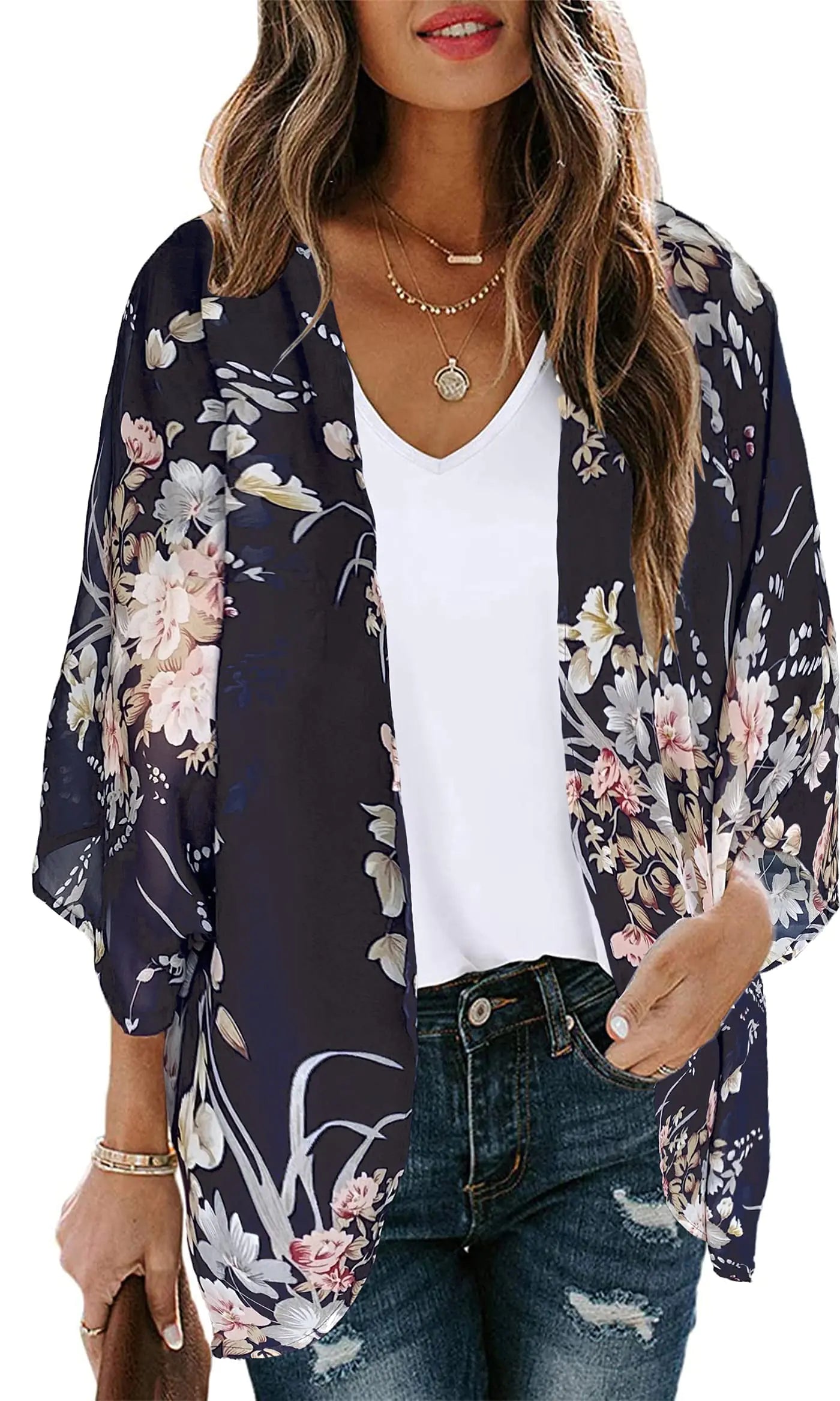 Women's Floral Print Puff Sleeve Kimono Cardigan Loose Cover Up Casual Blouse Tops Small Orange Black