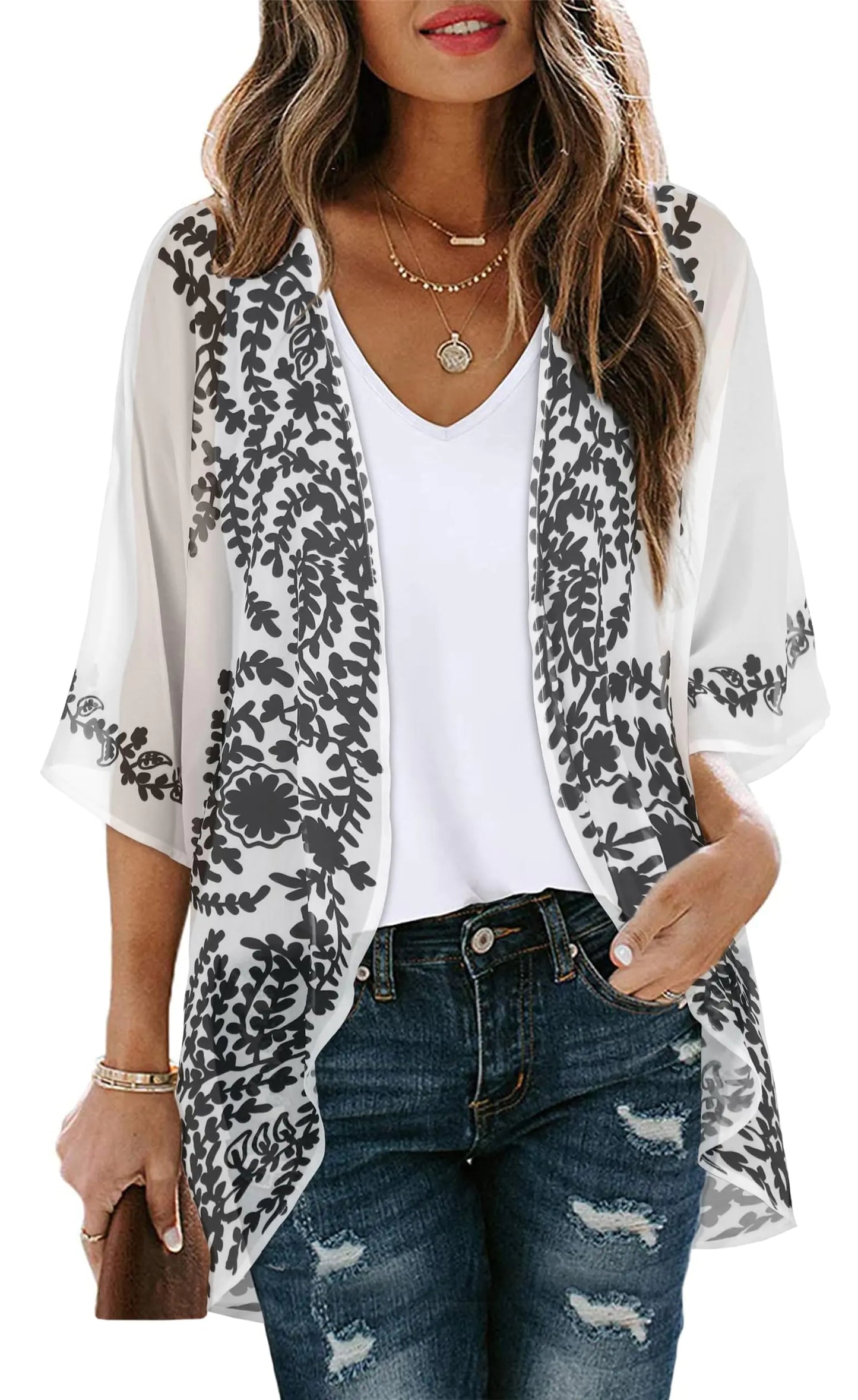 Women's Floral Print Puff Sleeve Kimono Cardigan Loose Cover Up Casual Blouse Tops Small Orange Black.