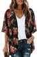 Women's Floral Print Puff Sleeve Kimono Cardigan Loose Cover Up Casual Blouse Tops Small Orange Black