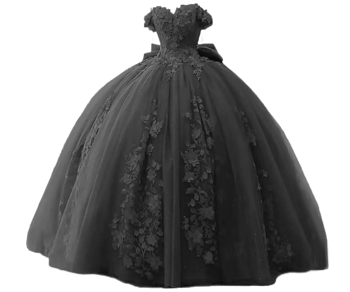 TRHTX Off Shoulder Quinceanera Dresses Ball Gown Lace Beaded Black Prom Dresses 2023 Tulle Sweet 15 16 Dresses for Women 2 - estesbrandsllc.com