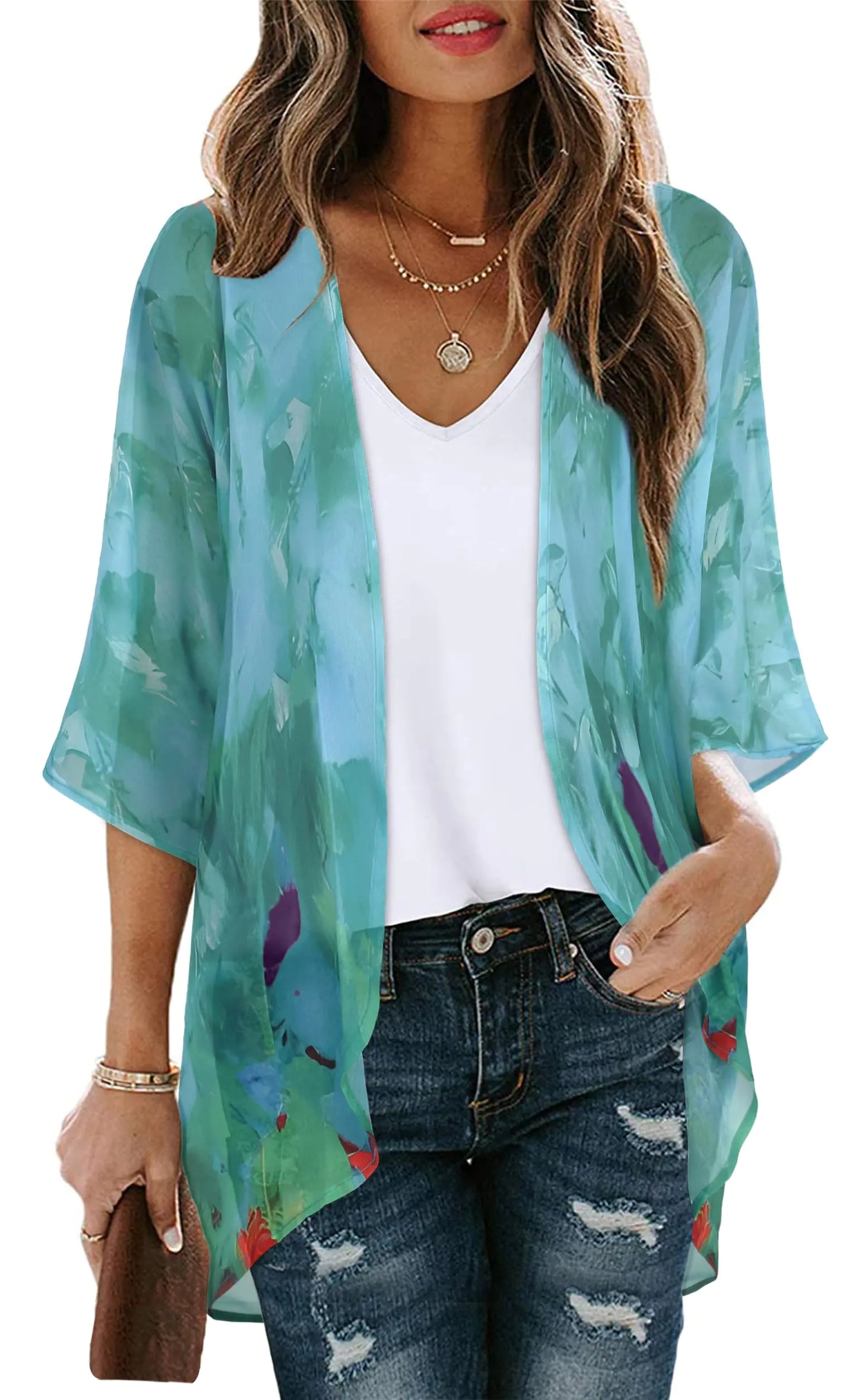 Women's Floral Print Puff Sleeve Kimono Cardigan Loose Cover Up Casual Blouse Tops Small Orange Black