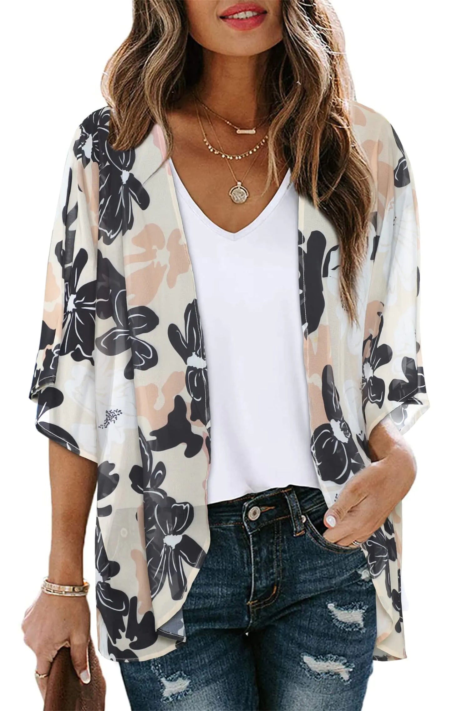 Women's Floral Print Puff Sleeve Kimono Cardigan Loose Cover Up Casual Blouse Tops Small Orange Black