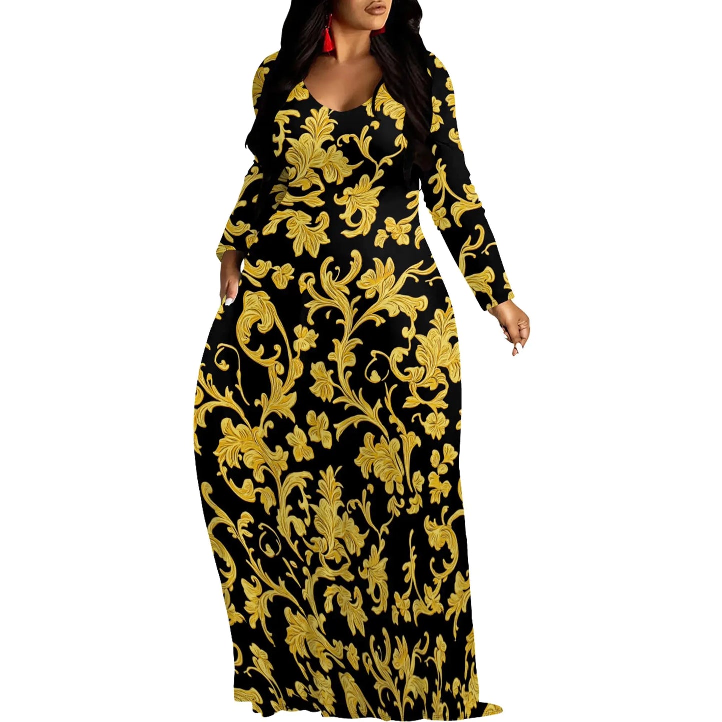 SUZONANA Plus Size Maxi Dresses for Curvy Women T-Shirt Dresses Long Sleeve Church Oversized Baggy Vocation Outfits Fall Winter Dresses Gold