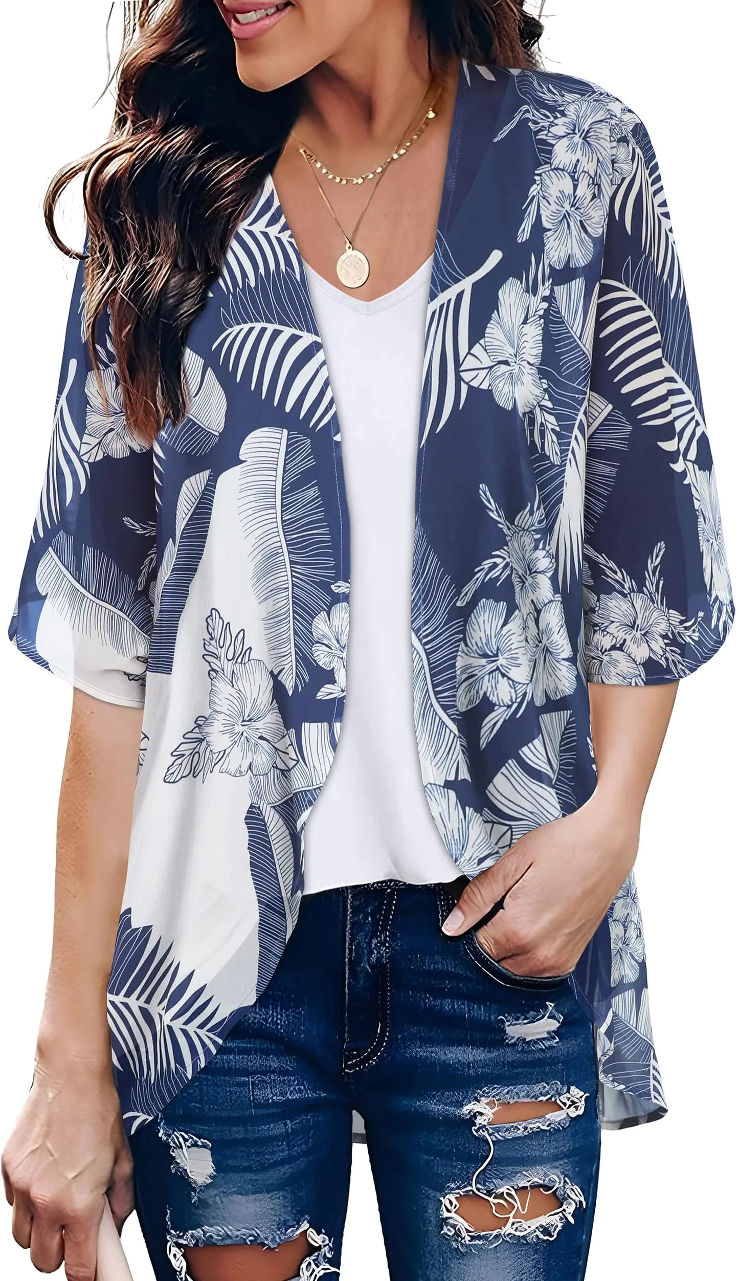 Women's Floral Print Puff Sleeve Kimono Cardigan Loose Cover Up Casual Blouse Tops Small Orange Black