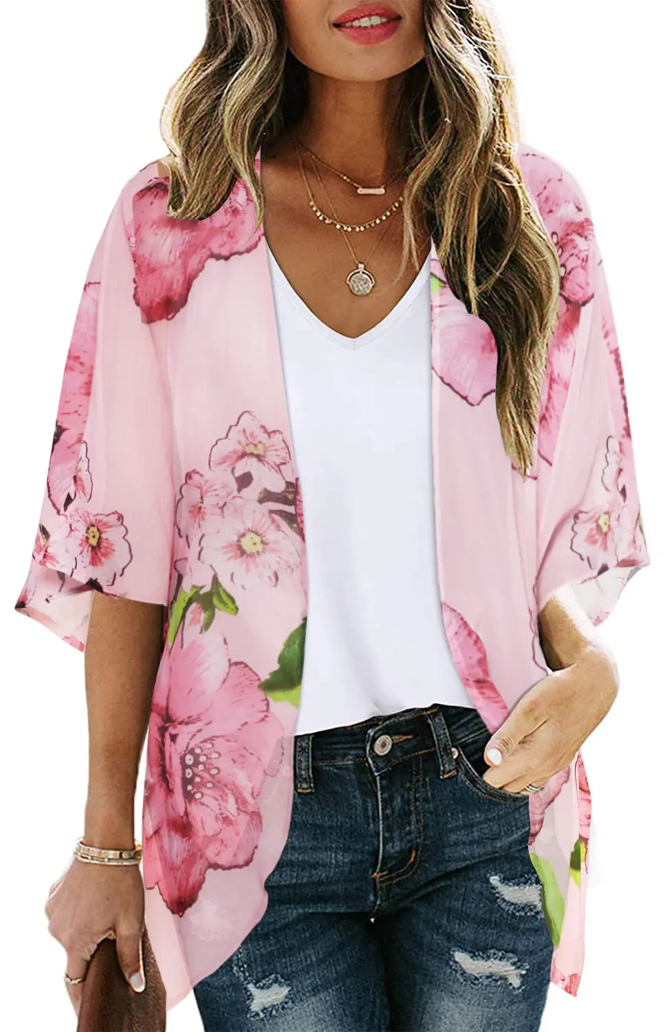 Women's Floral Print Puff Sleeve Kimono Cardigan Loose Cover Up Casual Blouse Tops Small Orange Black.