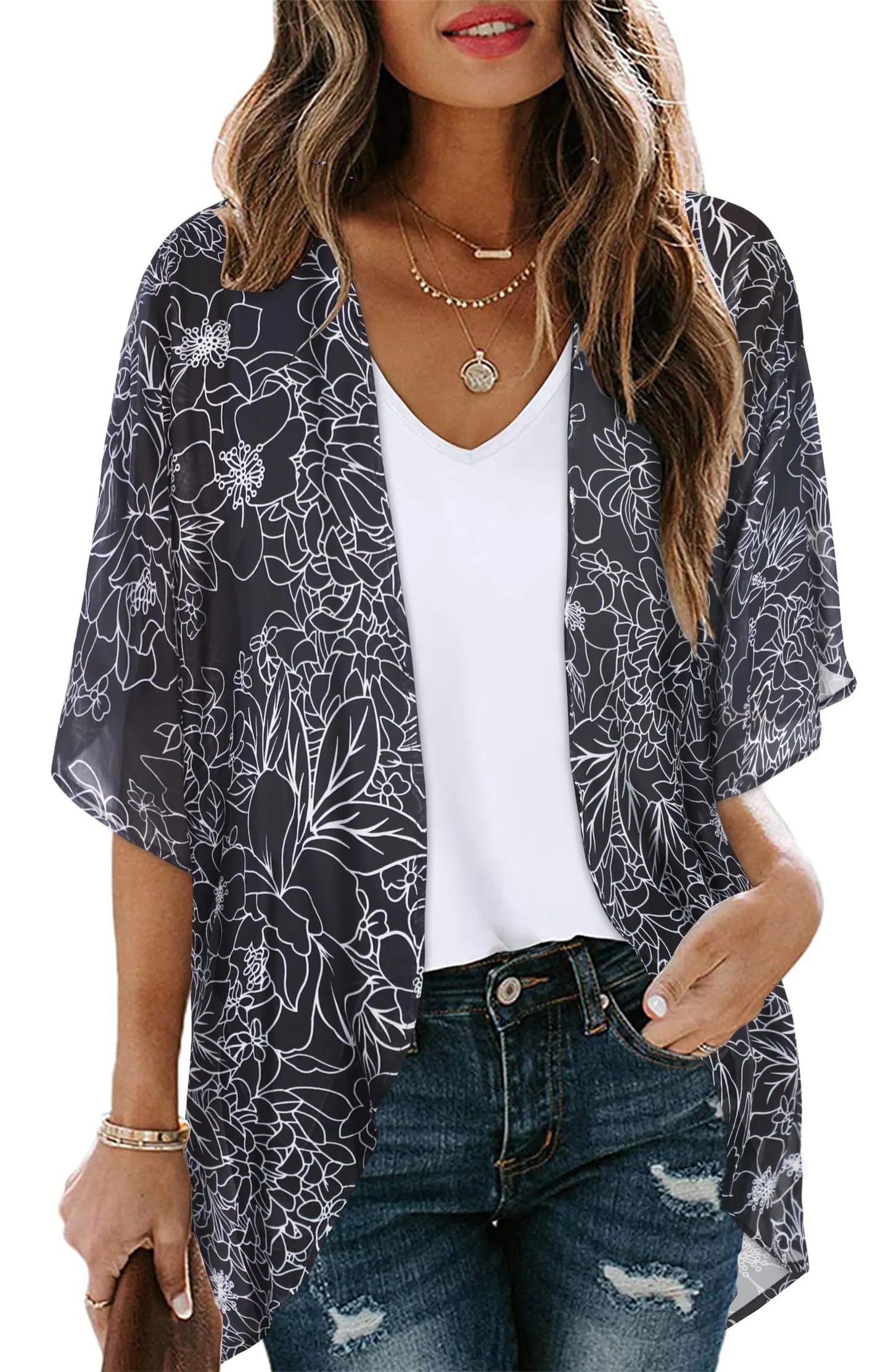 Women's Floral Print Puff Sleeve Kimono Cardigan Loose Cover Up Casual Blouse Tops Small Orange Black