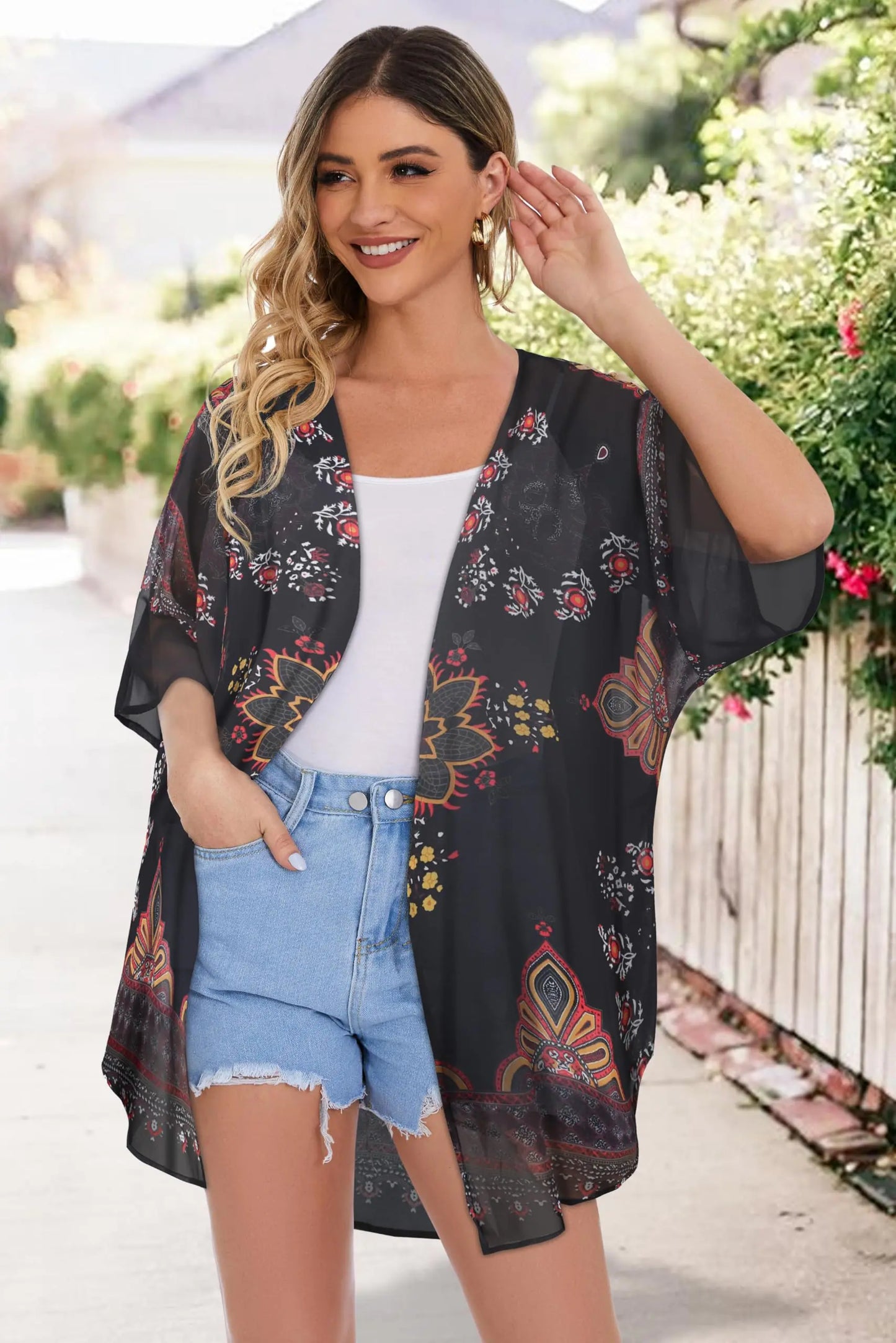 Women's Floral Print Puff Sleeve Kimono Cardigan Loose Cover Up Casual Blouse Tops Small Orange Black