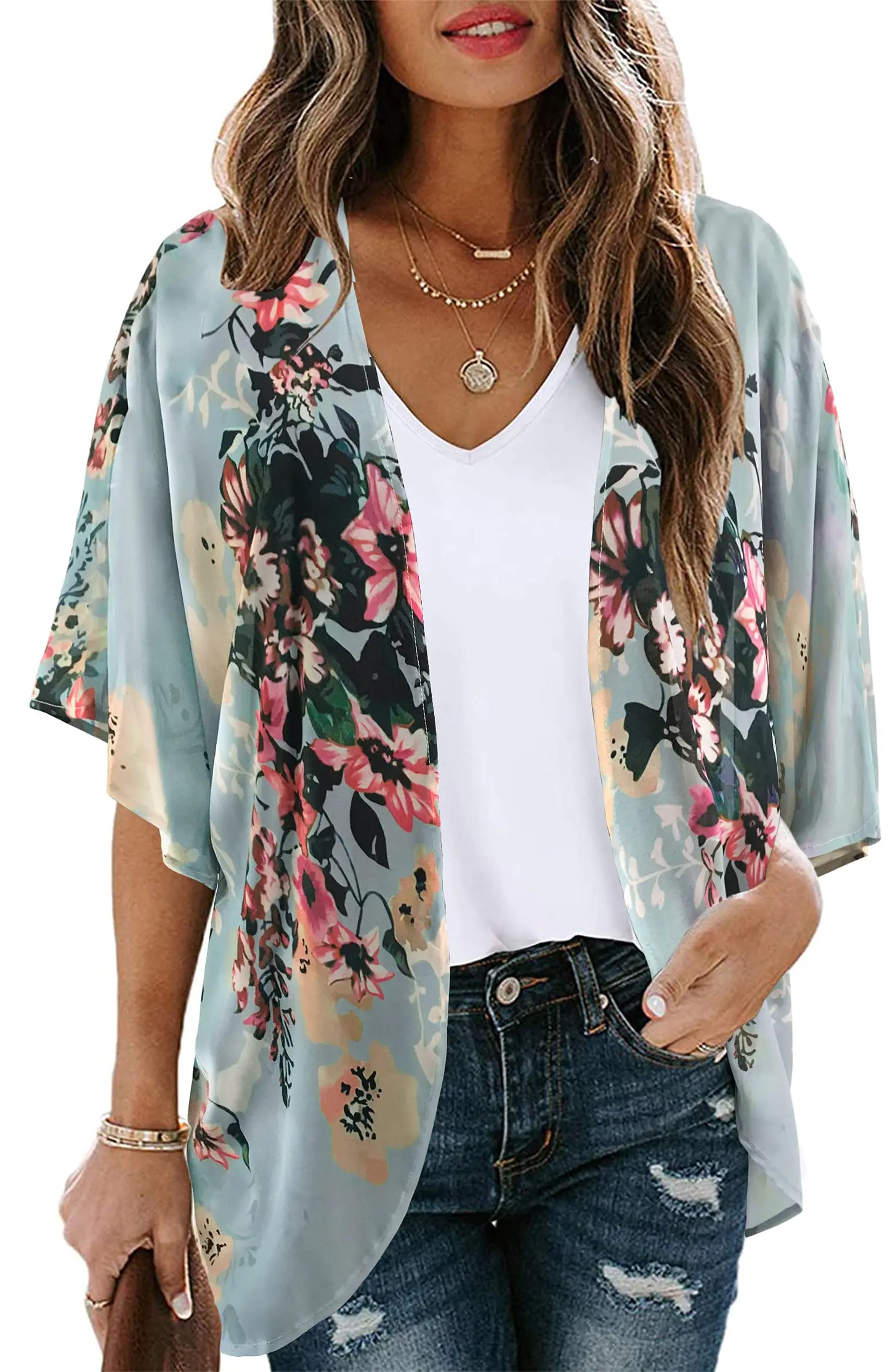 Women's Floral Print Puff Sleeve Kimono Cardigan Loose Cover Up Casual Blouse Tops Small Orange Black