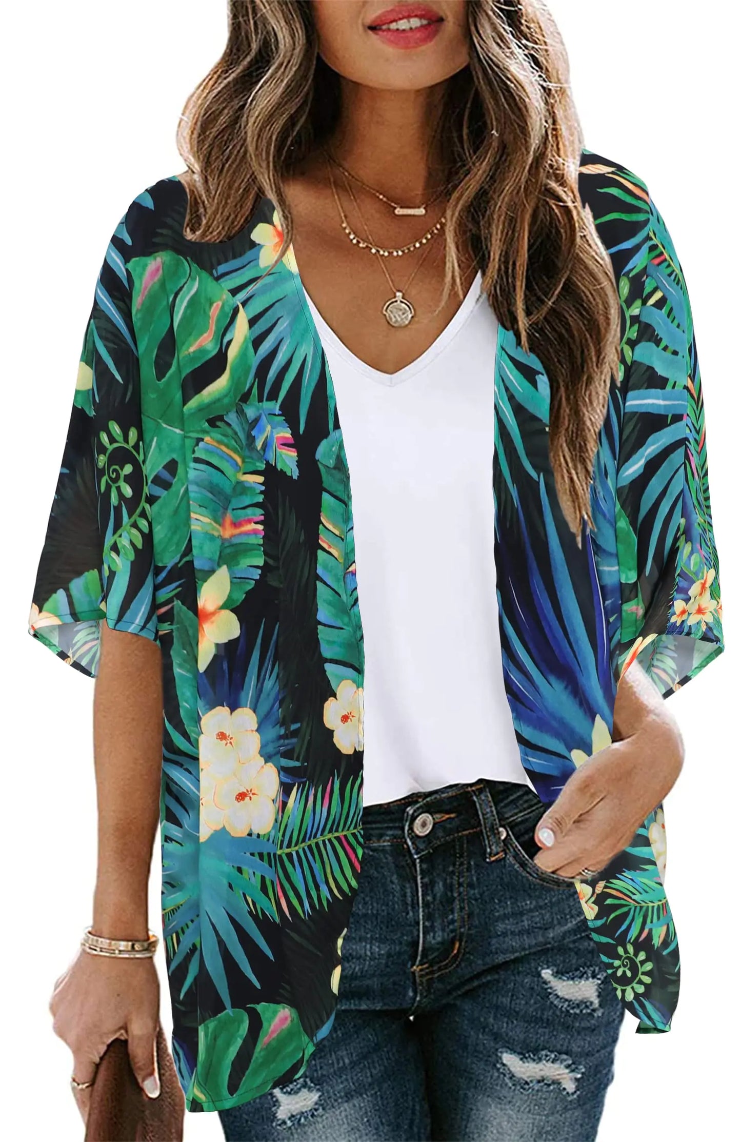 Women's Floral Print Puff Sleeve Kimono Cardigan Loose Cover Up Casual Blouse Tops Small Orange Black