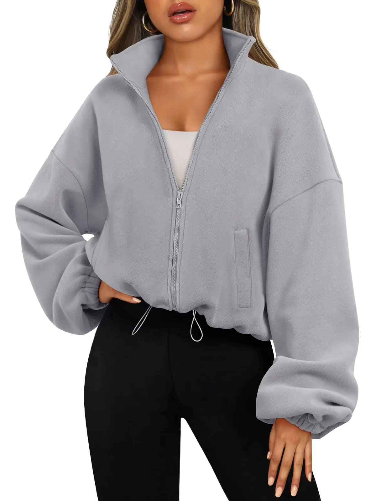 AUTOMET Womens Zip Up Hoodies Oversized Sweatshirts Long Sleeve Crop Sherpa Fall Outfits Fashion Clothes 2024 Grey Large.