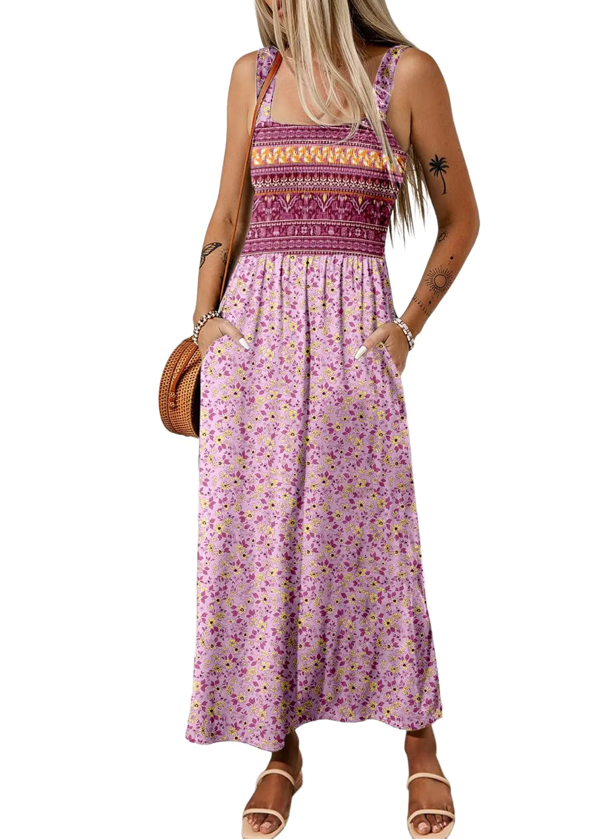 Dokotoo Midi Dresses for Women Printed Summer Dresses for Women 2024 Trendy Maxi Dresses Sleeveless Purple X Large