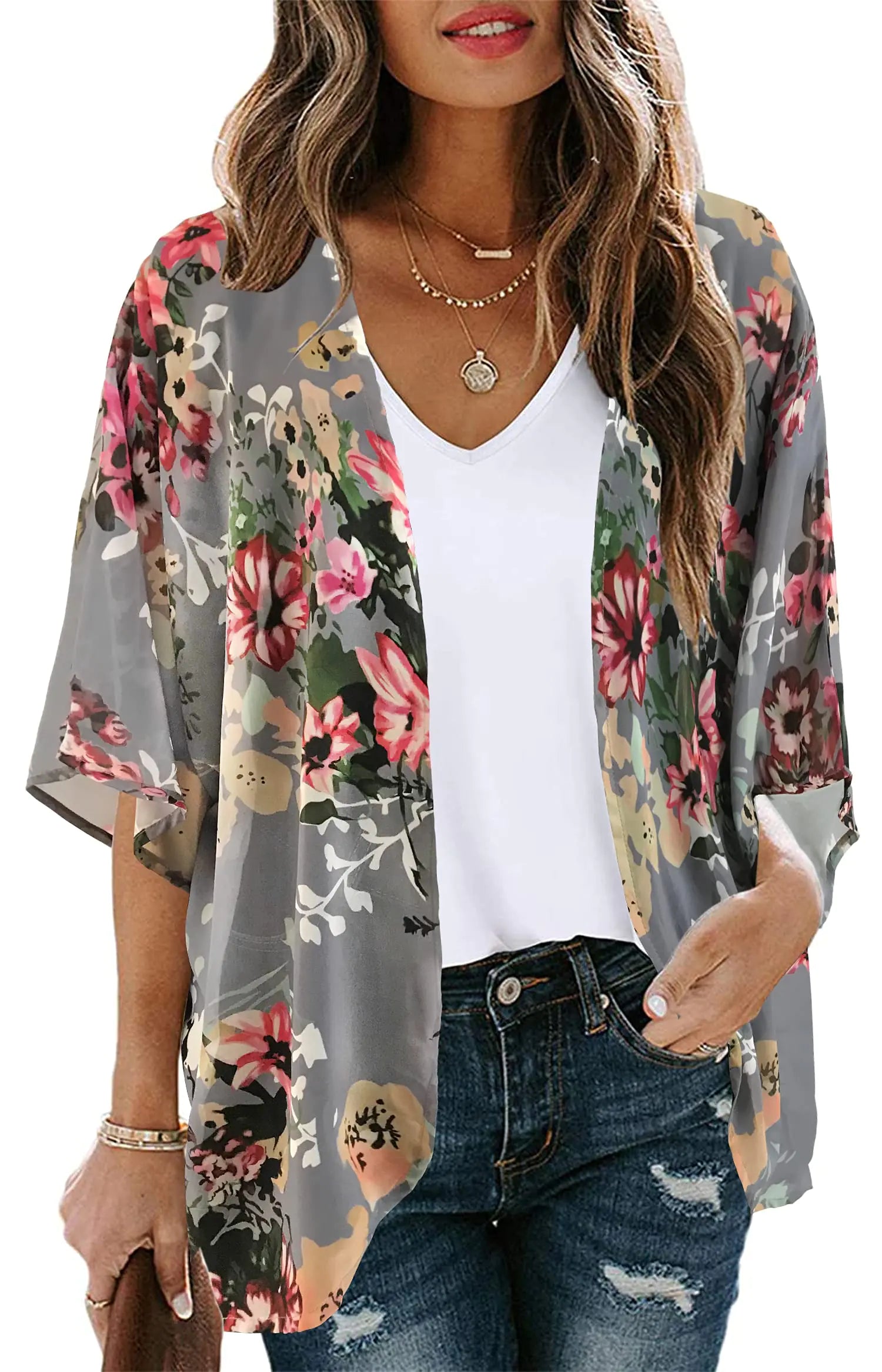 Women's Floral Print Puff Sleeve Kimono Cardigan Loose Cover Up Casual Blouse Tops Small Orange Black.