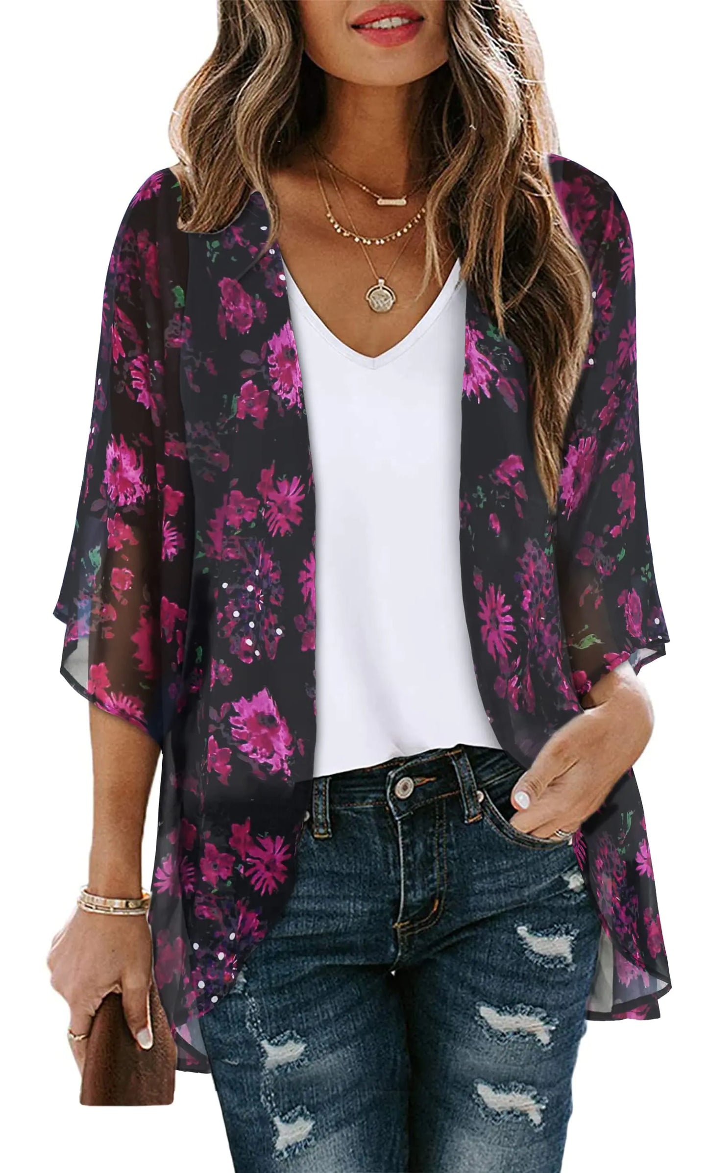 Women's Floral Print Puff Sleeve Kimono Cardigan Loose Cover Up Casual Blouse Tops Small Orange Black