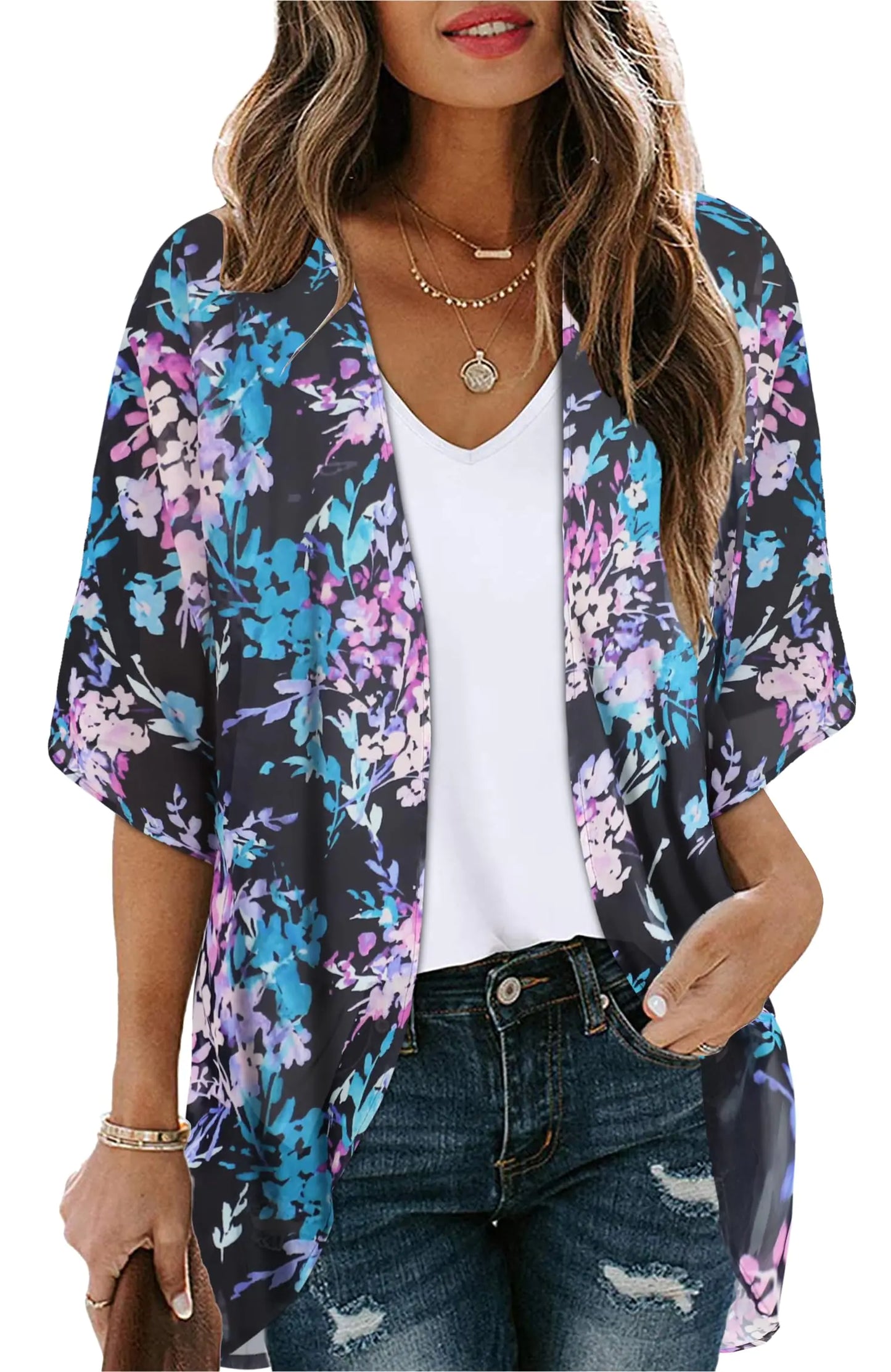 Women's Floral Print Puff Sleeve Kimono Cardigan Loose Cover Up Casual Blouse Tops Small Orange Black