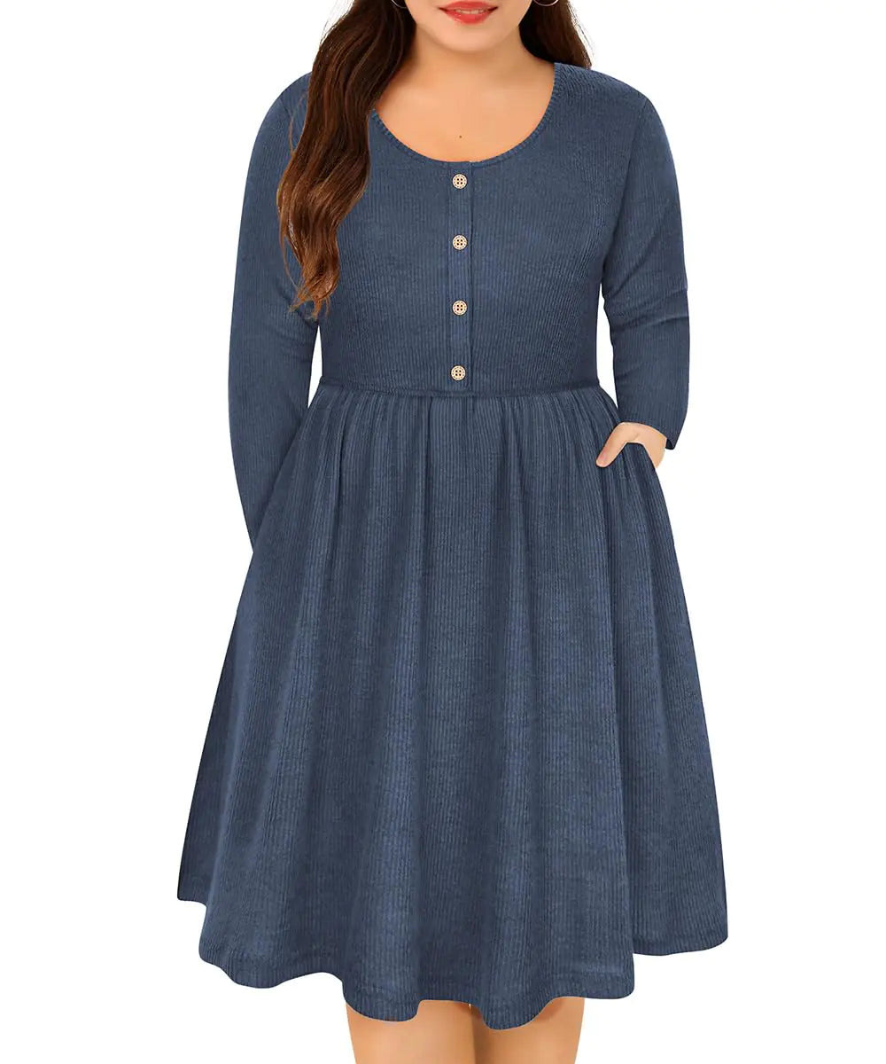 RITERA Womens Plus Size Dresses Long Sleeves Sweater Dress Crewneck Wedding Guest Dresses for Women Casual Ribbed Knit Evening Dresses Blue Knee Length Party Dresses with Pockets 3XL 22W 24W - Estes Brands, LLC