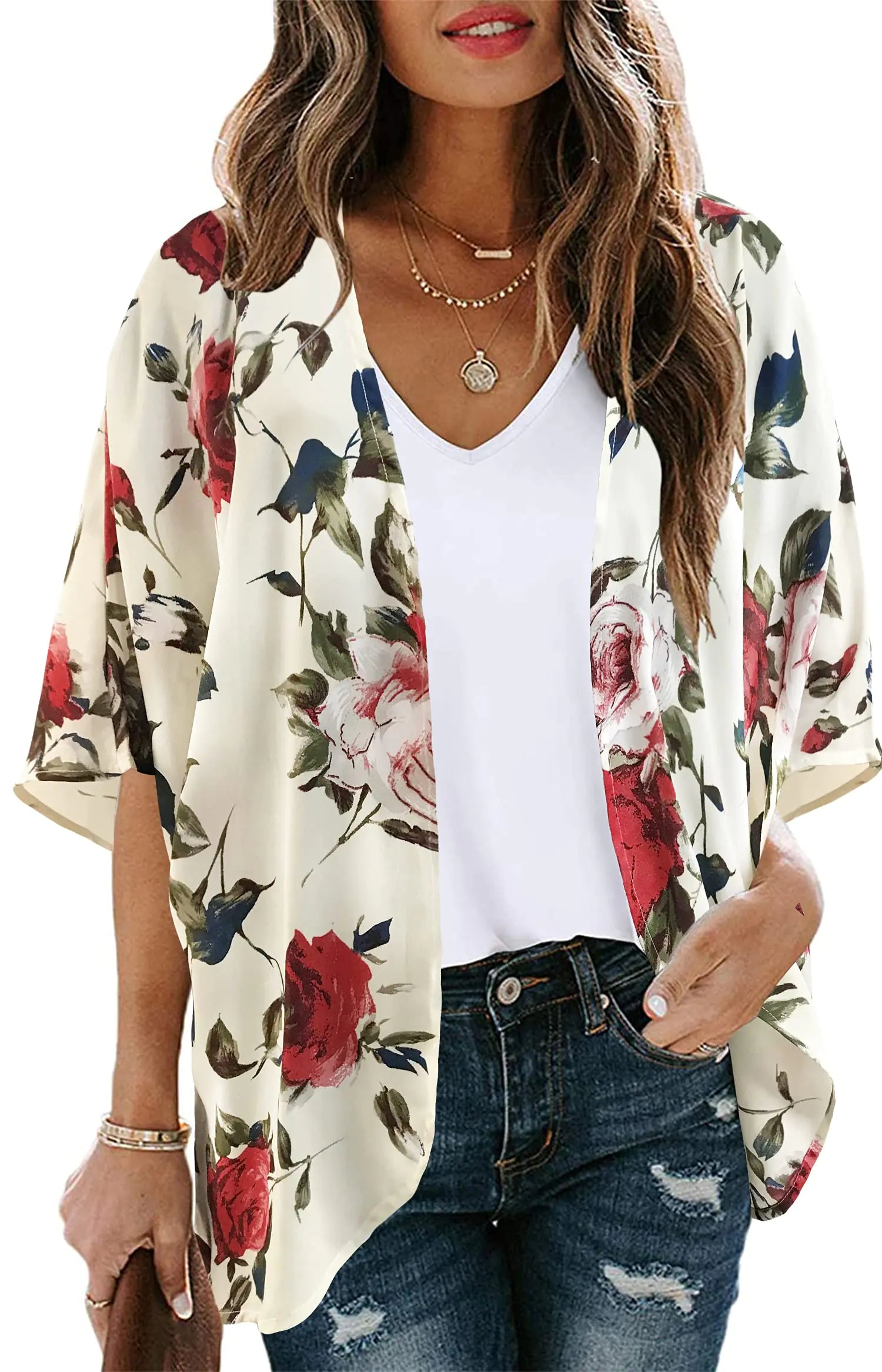 Women's Floral Print Puff Sleeve Kimono Cardigan Loose Cover Up Casual Blouse Tops Small Orange Black.