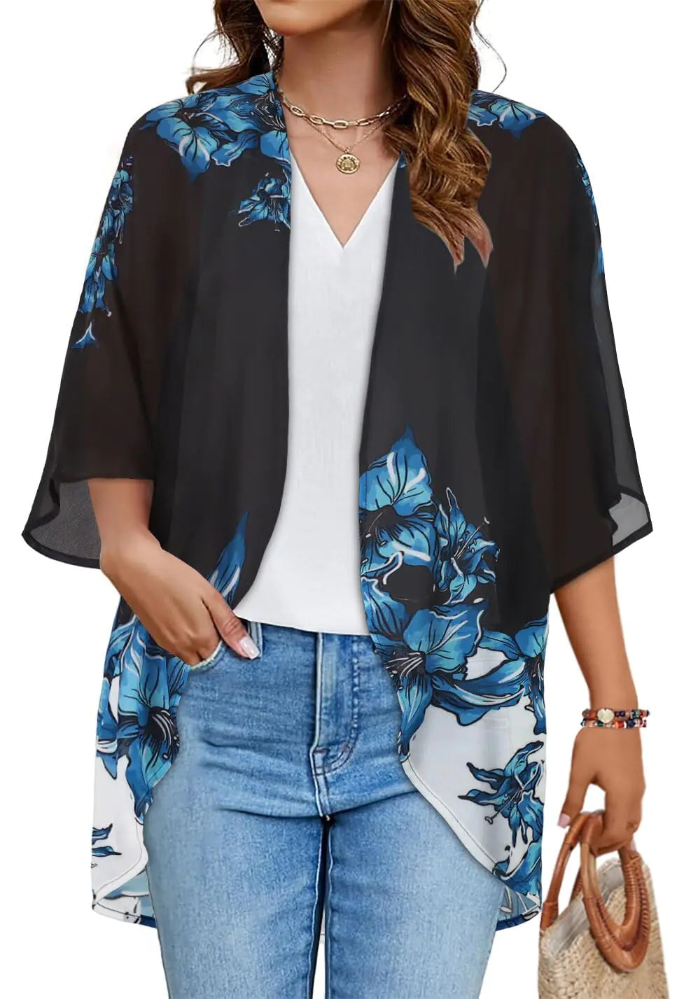 Women's Floral Print Puff Sleeve Kimono Cardigan Loose Cover Up Casual Blouse Tops Small Orange Black