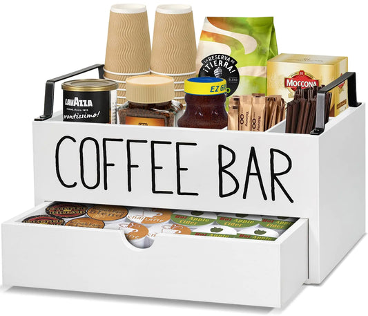 Coffee Station Organizer with Drawer Wooden Coffee Bar Accessories Organizer for Counter Farmhouse Kcup Coffee Pod Holder Storage Box with Handle Coffee Bar Organizer Station for Coffee Bar Decor - Estes Brands, LLC