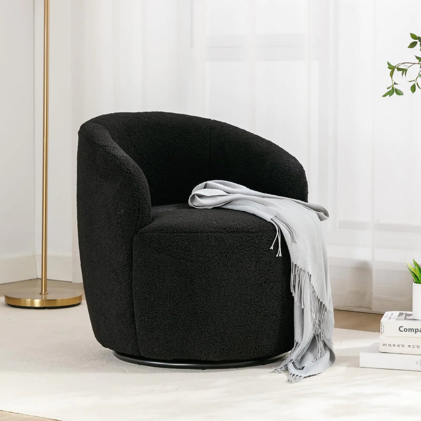 FOXHUNTER Swivel Barrel Chair 360° Small Single Sofa Armchair Comfy Round Sofa Chair Boucle Chairs Padded Armchair Modern Round Accent Arm Chairs for Living Room Bedroom Teddy Black - Estes Brands, LLC