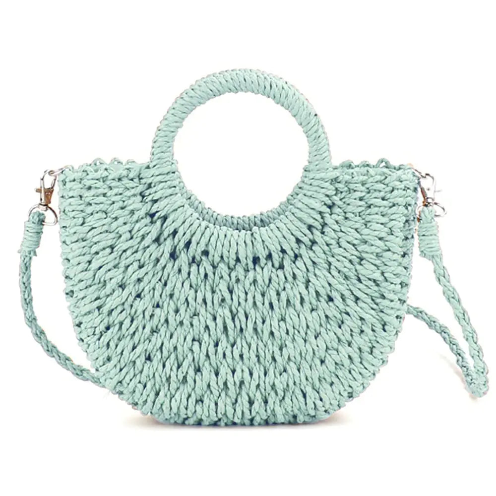 QTKJ Mini Semi-circle Rattan Straw Handbags Hand-woven Women Summer Retro Straw Tote Bag Shoulder Bag Crossbody Bag Round Handle Beach Handbags (Mint Green) - Estes Brands, LLC