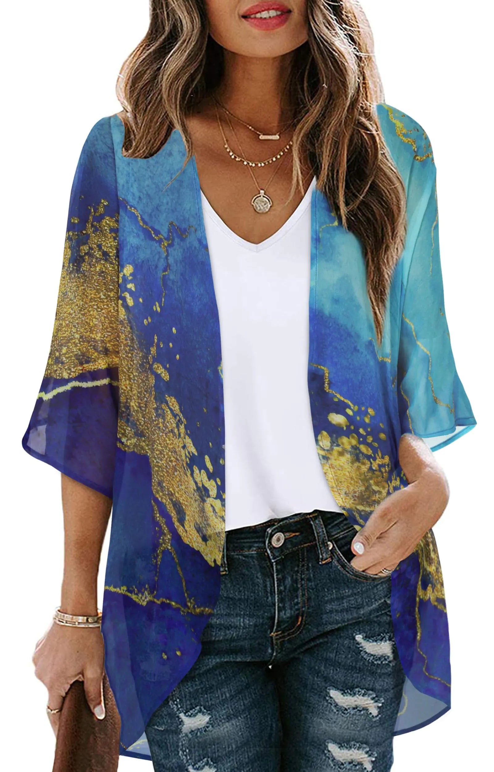 Women's Floral Print Puff Sleeve Kimono Cardigan Loose Cover Up Casual Blouse Tops Small Orange Black.