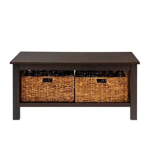 Coastal Coffee Table With Lower Shelf And Faux Rattan Baskets - Espresso - Estes Brands, LLC