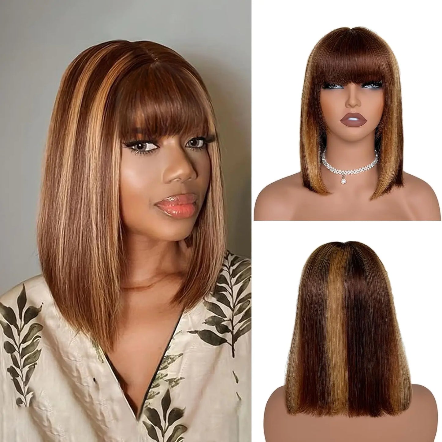 Tryfey Bob Wig Human Hair 3x1 Bob Wig with Bangs Human Hair Straight Short Bob Wig Human Hair Wigs for Black Women Glueless 4/27 Highlight Wig Human Hair 10 Inch