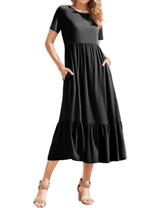 Cnlinkco Summer Dresses for Women 2024 Vacation Curvy Flowy Dresses Midi Dresses for Women Casual Tiered Dress with Pockets Black XL