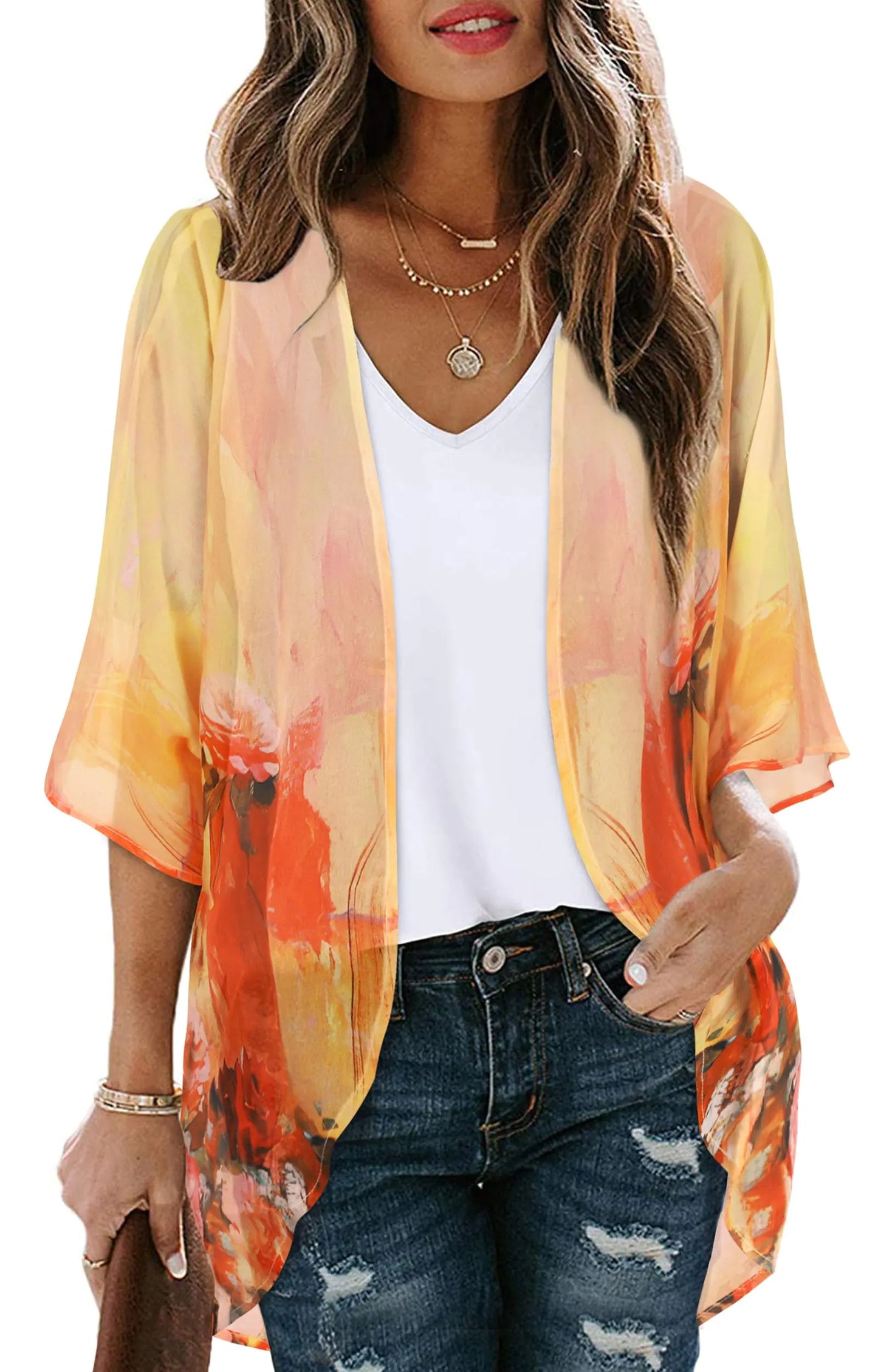 Women's Floral Print Puff Sleeve Kimono Cardigan Loose Cover Up Casual Blouse Tops Small Orange Black.