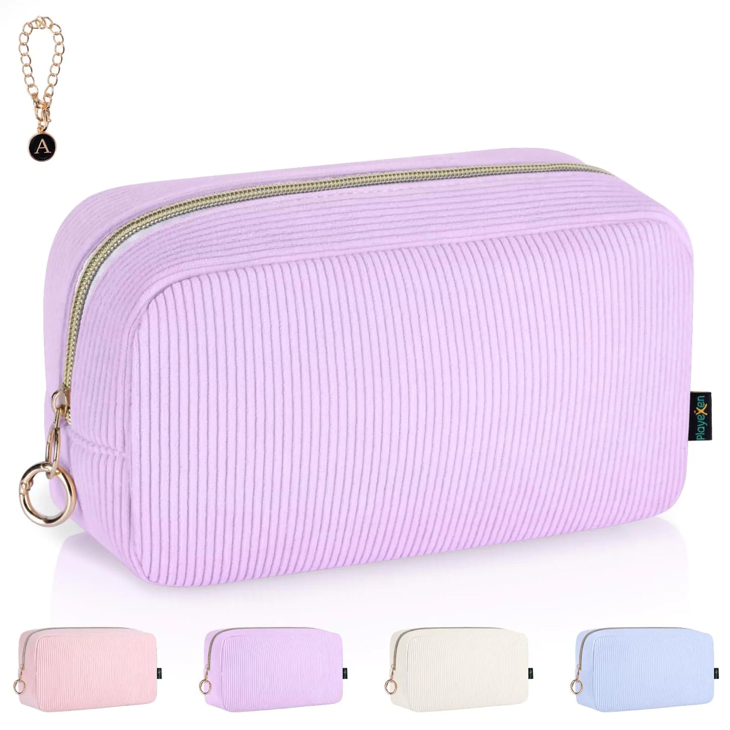 Playexen 9.9" Makeup Bag for Purse Corduroy Cosmetics Bag with Ring Buckle Portable Small Travel Toiletry Makeup Pouch for Women (Purple)