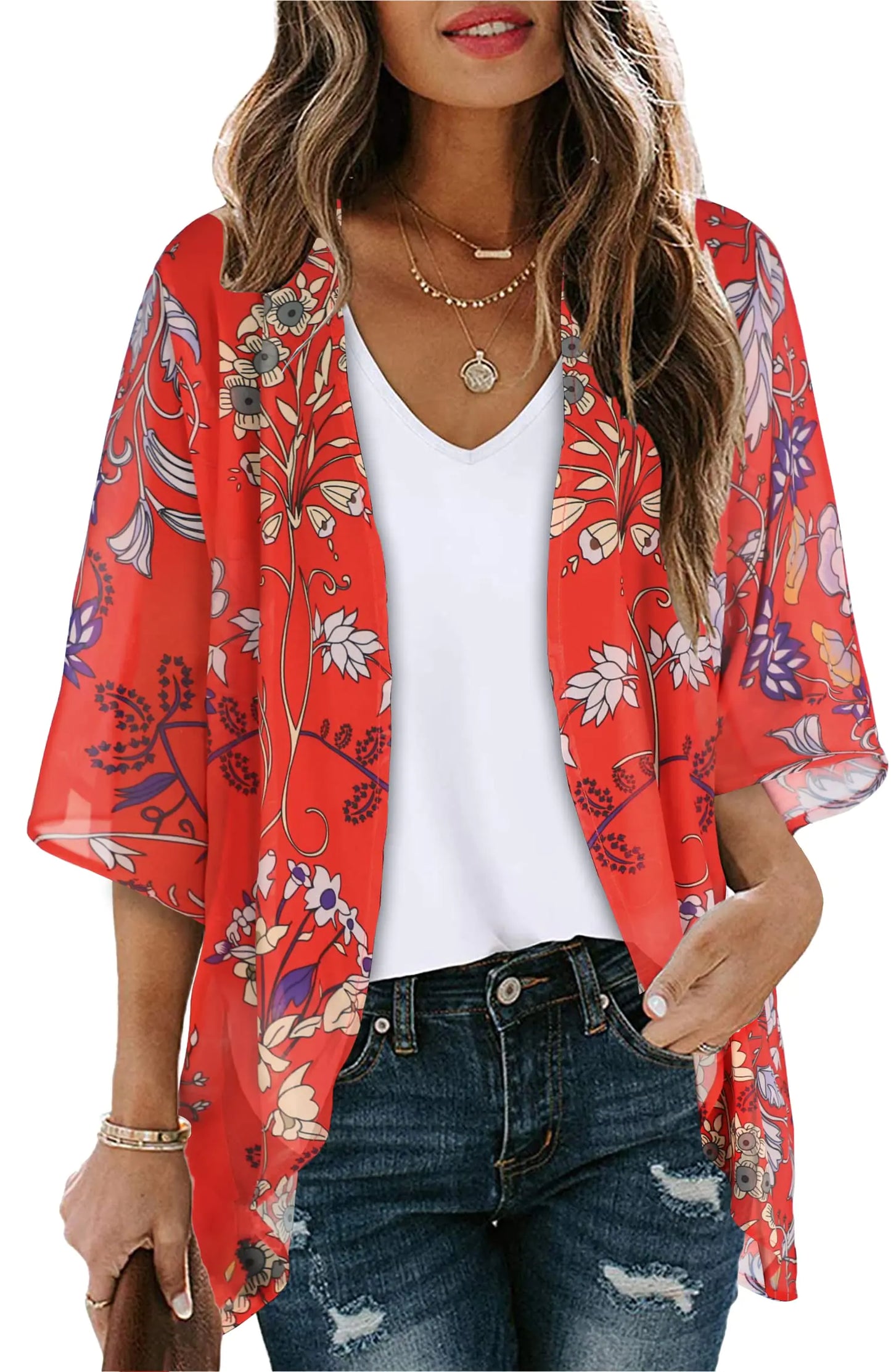 Women's Floral Print Puff Sleeve Kimono Cardigan Loose Cover Up Casual Blouse Tops Small Orange Black