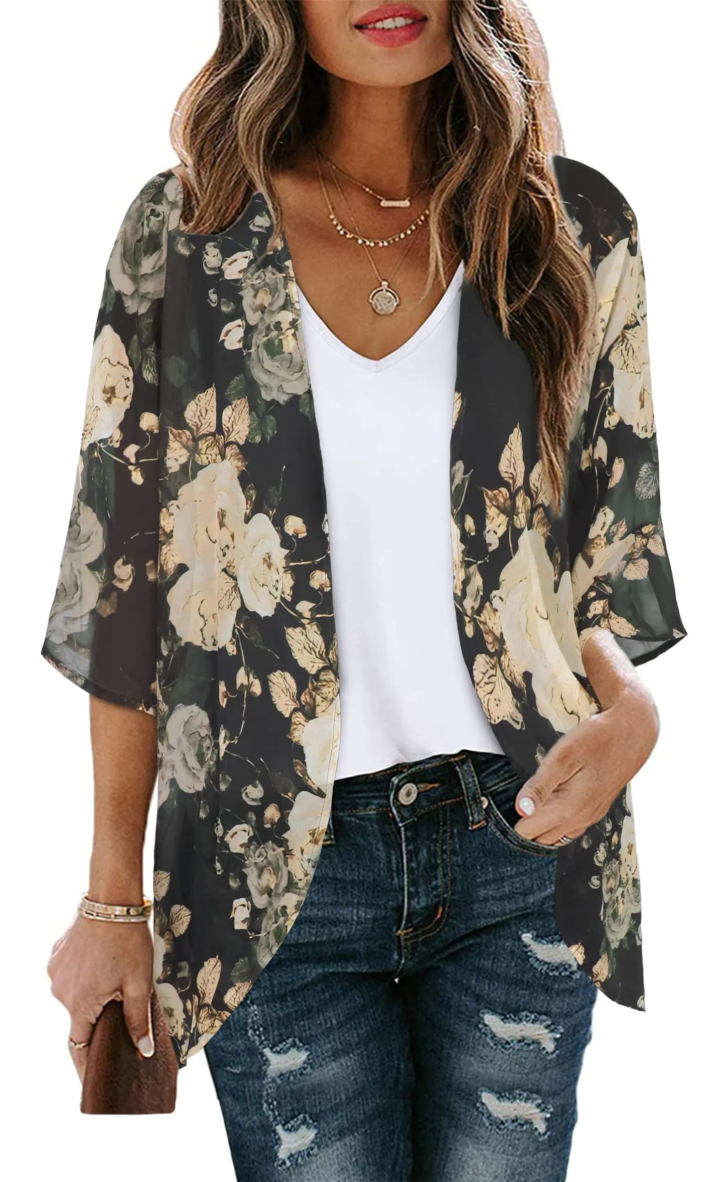 Women's Floral Print Puff Sleeve Kimono Cardigan Loose Cover Up Casual Blouse Tops Small Orange Black