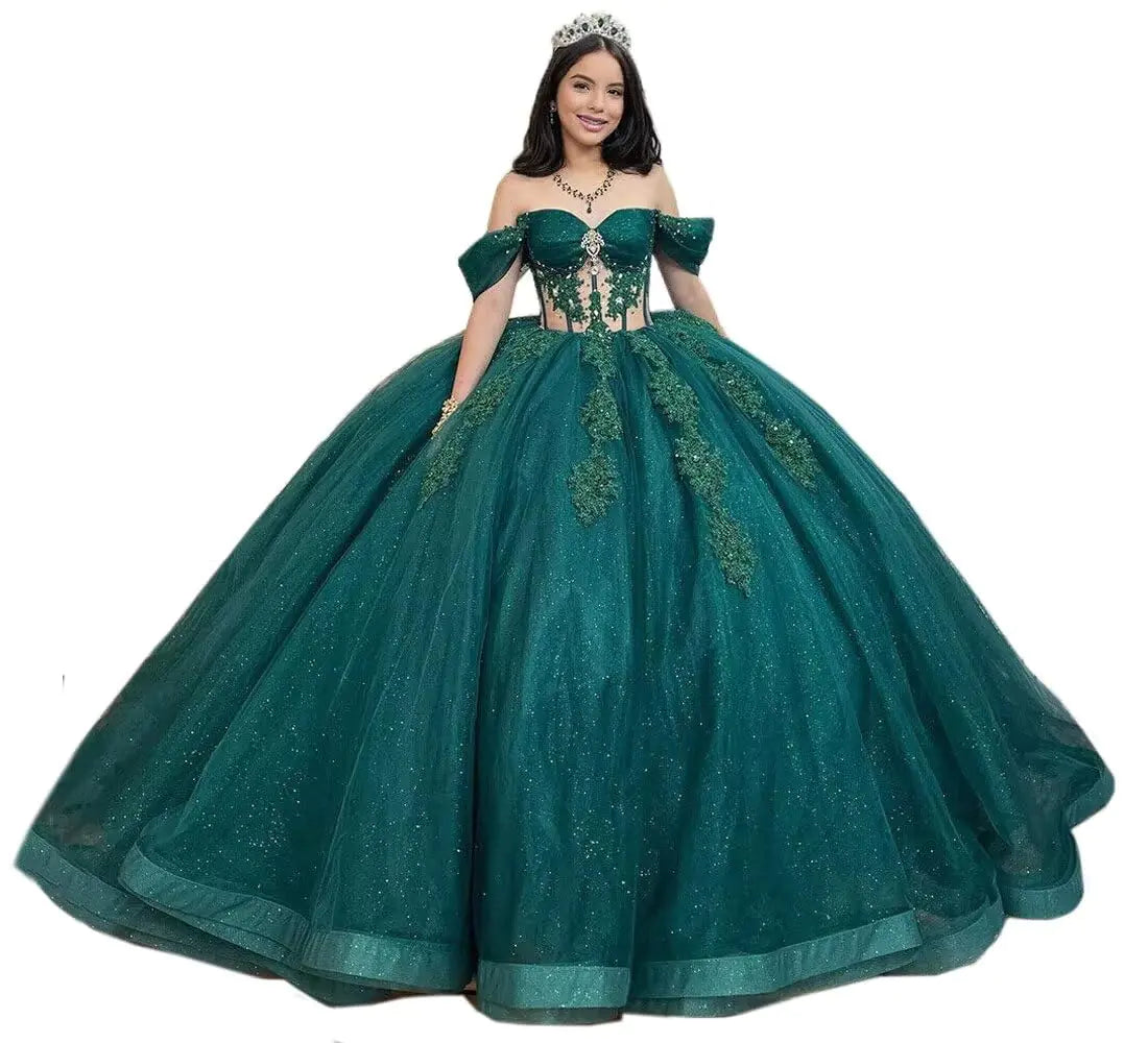 Mouccy Glitter Dark Green Quinceanera Dresses Ball Gown Tulle Beaded Prom Dresses Glitter Pearly Sweet15 16 Birthday Dresses for Teens 6 - Estes Brands, LLC