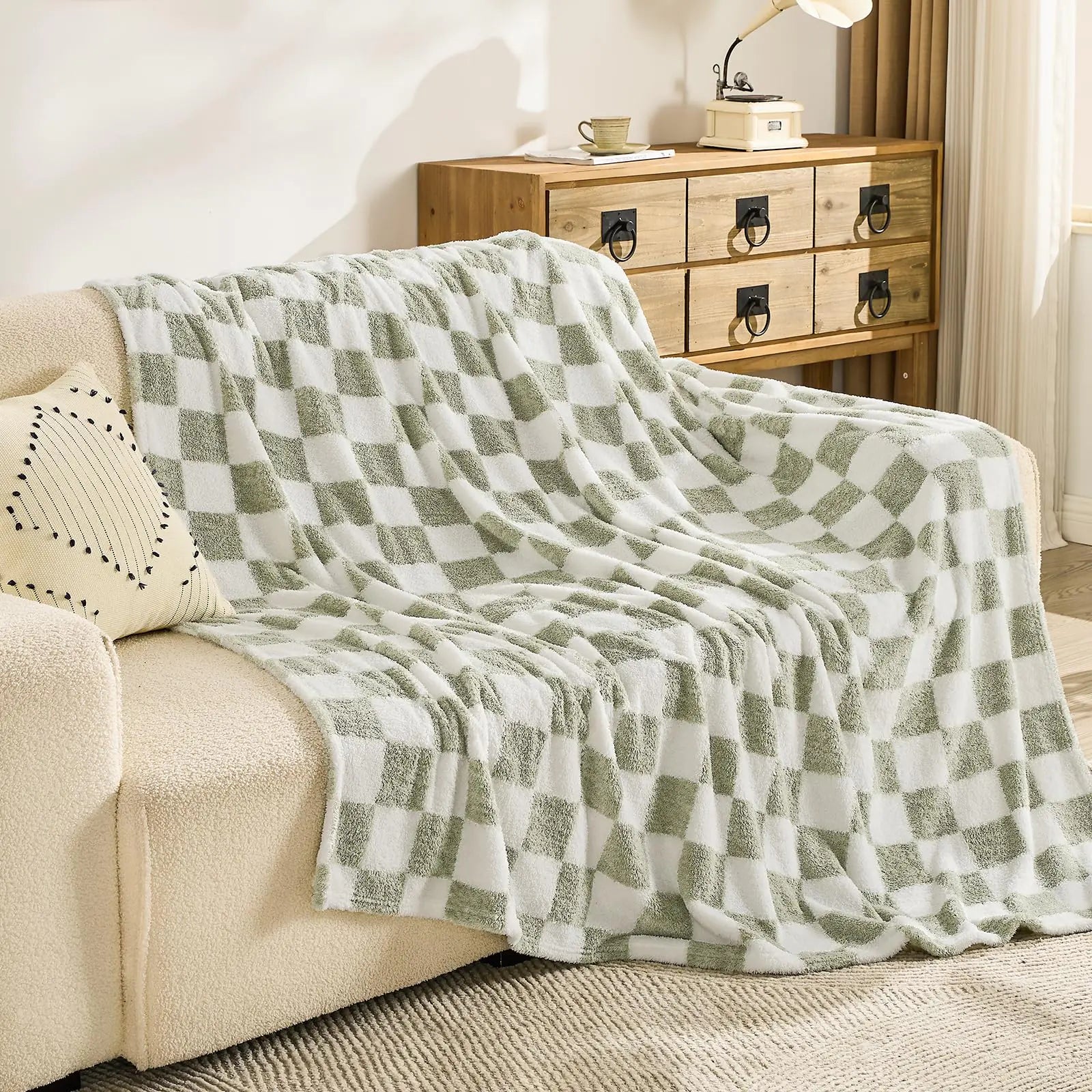 EMME Checkered Blanket Throw Size - 50"*60" Green Soft Fluffy Warm Throw Blankets for Couch Sofa Chair Bed Camping Picnic Travel Lightweight Bed Blanket - Estes Brands, LLC