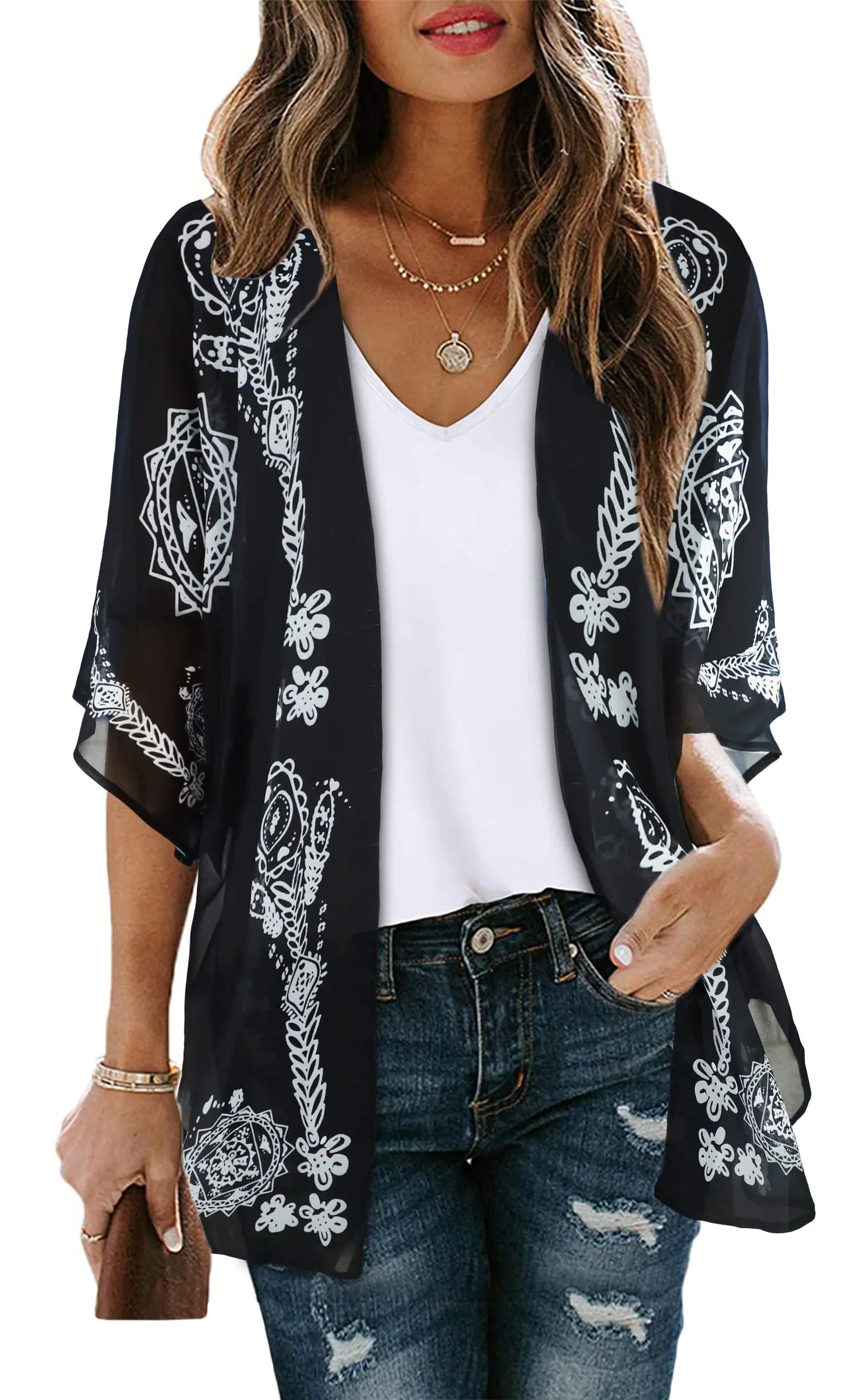 Women's Floral Print Puff Sleeve Kimono Cardigan Loose Cover Up Casual Blouse Tops Small Orange Black