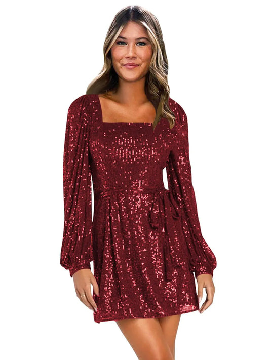 CDSSL Burgundy Sparkly Sequin Homecoming Dresses with Sleeves Short Square Neck Mini Formal Dresses for Teens Prom Cocktail Dresses for Women Size 6 - Estes Brands, LLC