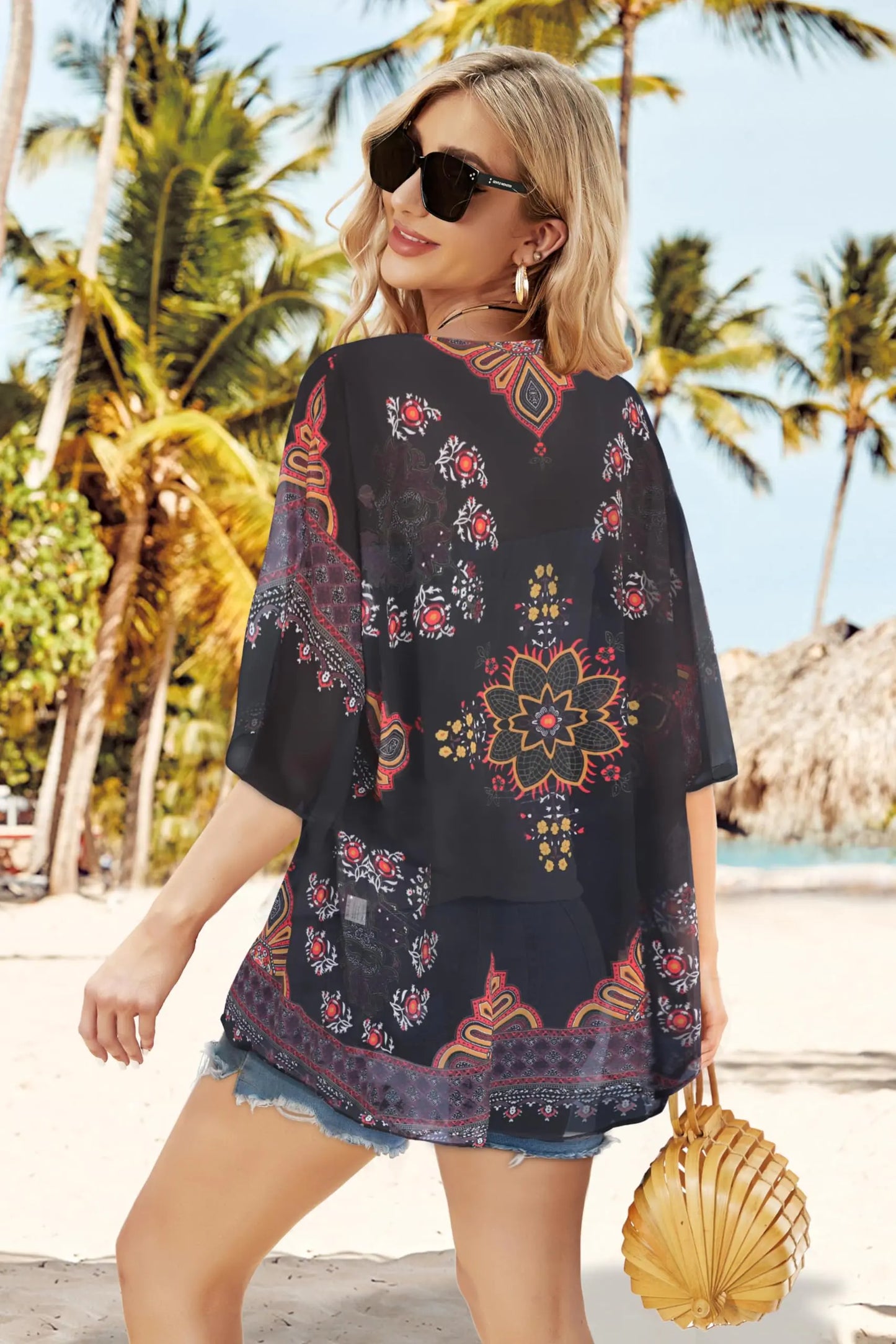 Women's Floral Print Puff Sleeve Kimono Cardigan Loose Cover Up Casual Blouse Tops Small Orange Black