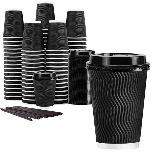 Lamosi 12 oz Coffee Cups with Lids 50 Pack Insulated Ripple Coffee Cups with Straws Disposable Coffee Cups for Water Juice Coffee (Black) - Estes Brands, LLC