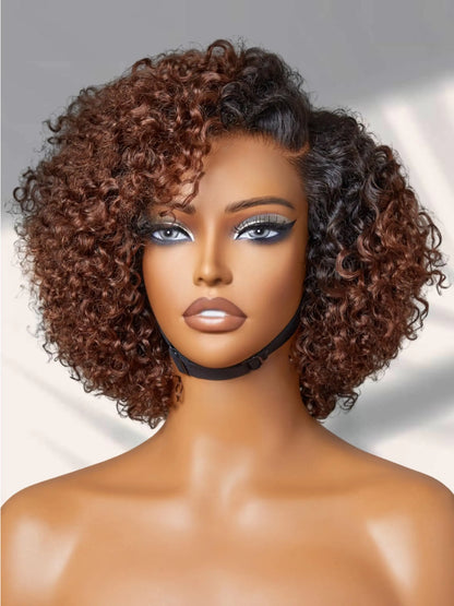 LUVME HAIR Kinky Curly Wig 10 Inch Ombre Mix Brown Bob Wig Glueless HD Wig Human Hair Pre Cut Glueless HD Lace Closure Wig C-Side Parted Short Curly Wigs For Women