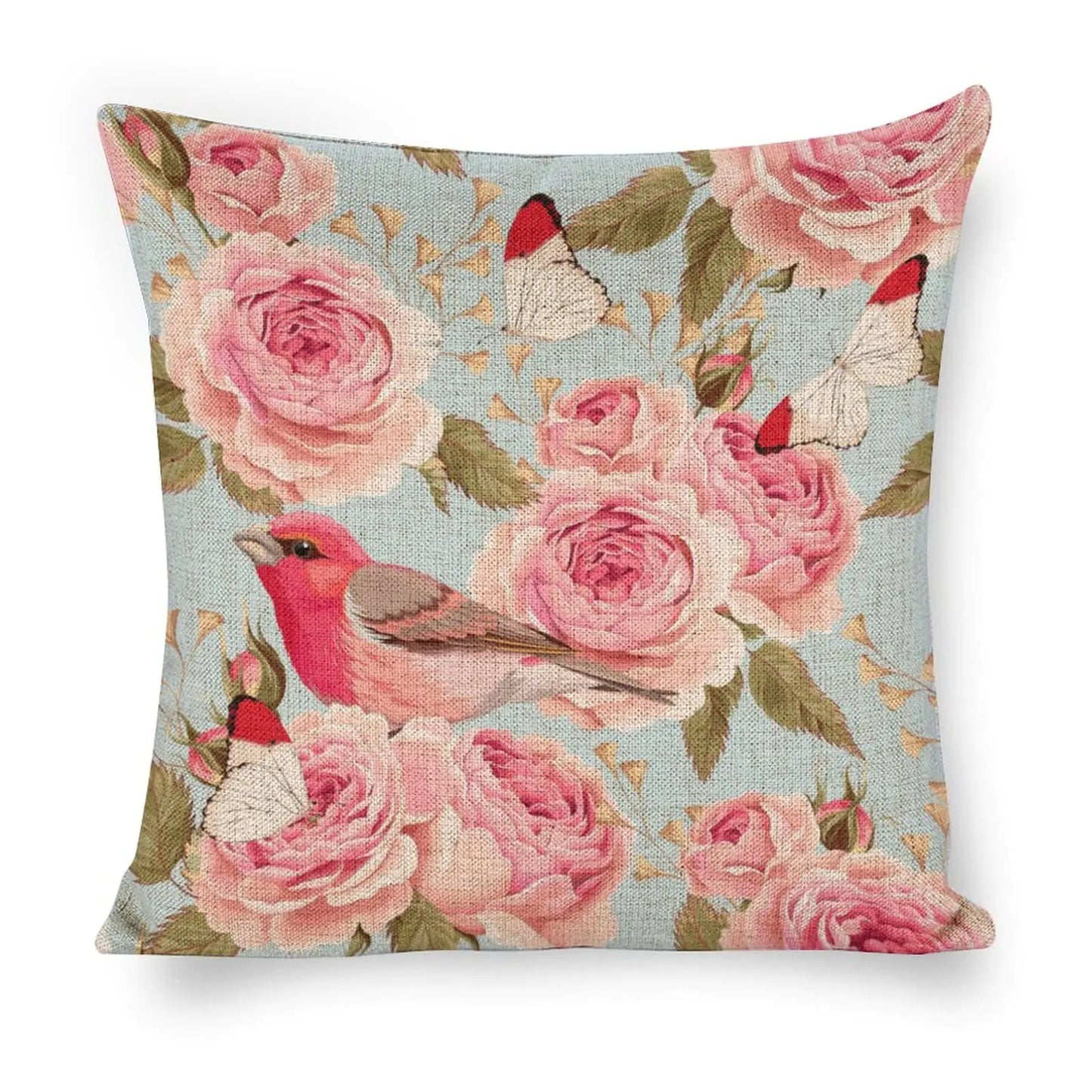 Linen Pillow Case Blue Pink Rose Bird Pattern 18x18 Inch Double Sided Decorative Cushion Cover for Sofa Bed Chair Car - Estes Brands, LLC