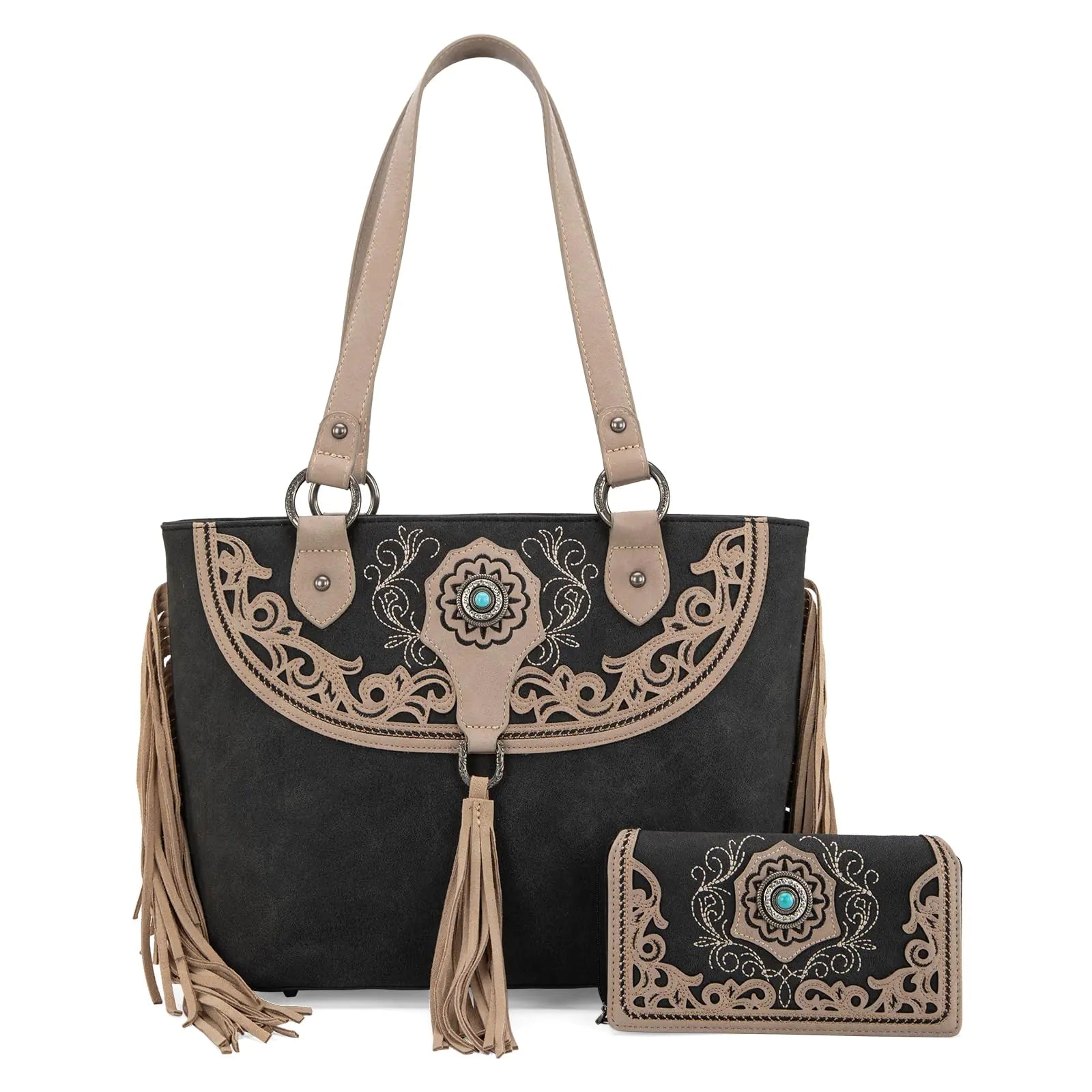 Montana West Western Tote Bag for Women Cut-Out Embroidered Handbags with Fringe Western Handbags and Wallet Set MW1307G-8317WBK - Estes Brands, LLC