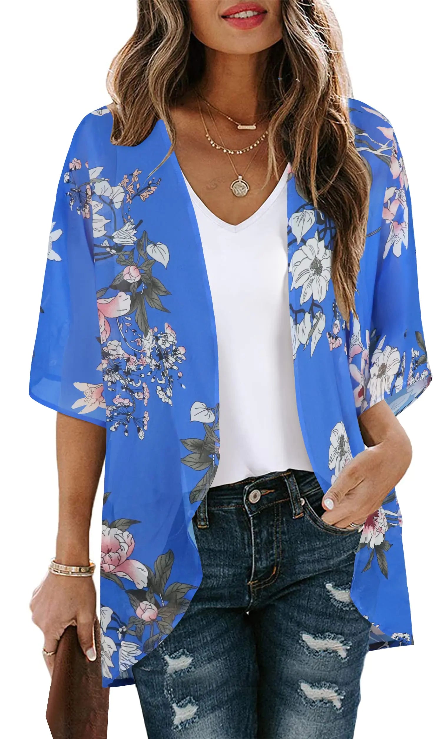 Women's Floral Print Puff Sleeve Kimono Cardigan Loose Cover Up Casual Blouse Tops Small Orange Black.