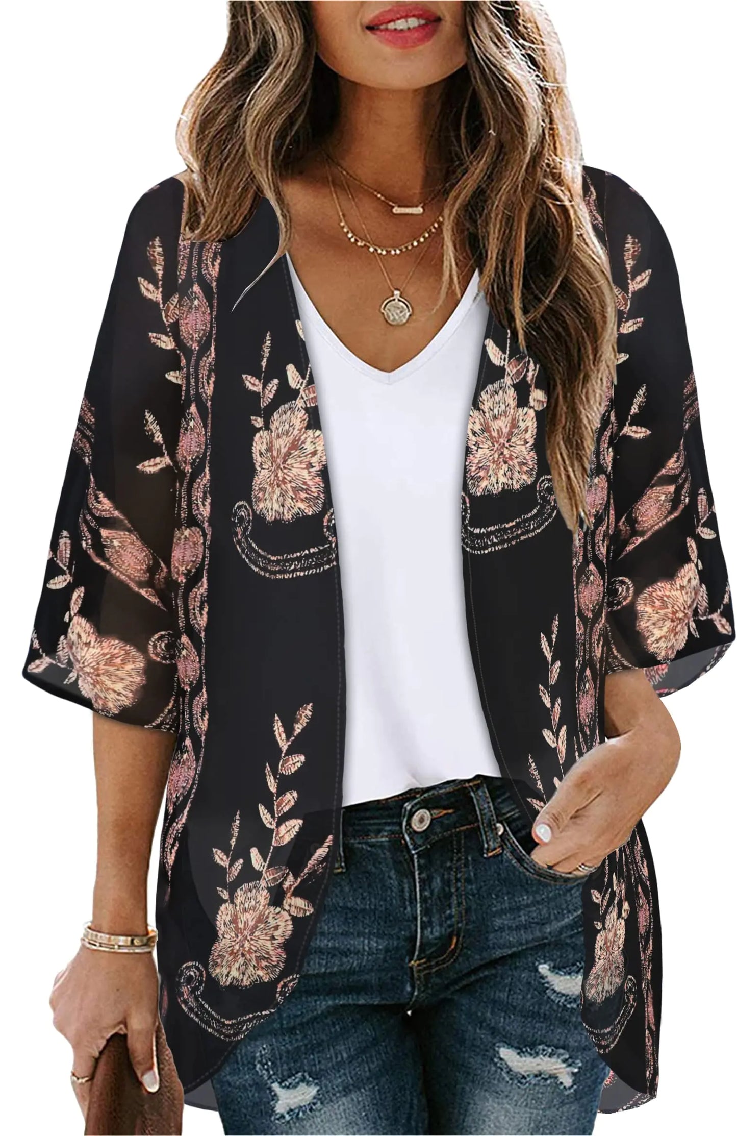 Women's Floral Print Puff Sleeve Kimono Cardigan Loose Cover Up Casual Blouse Tops Small Orange Black