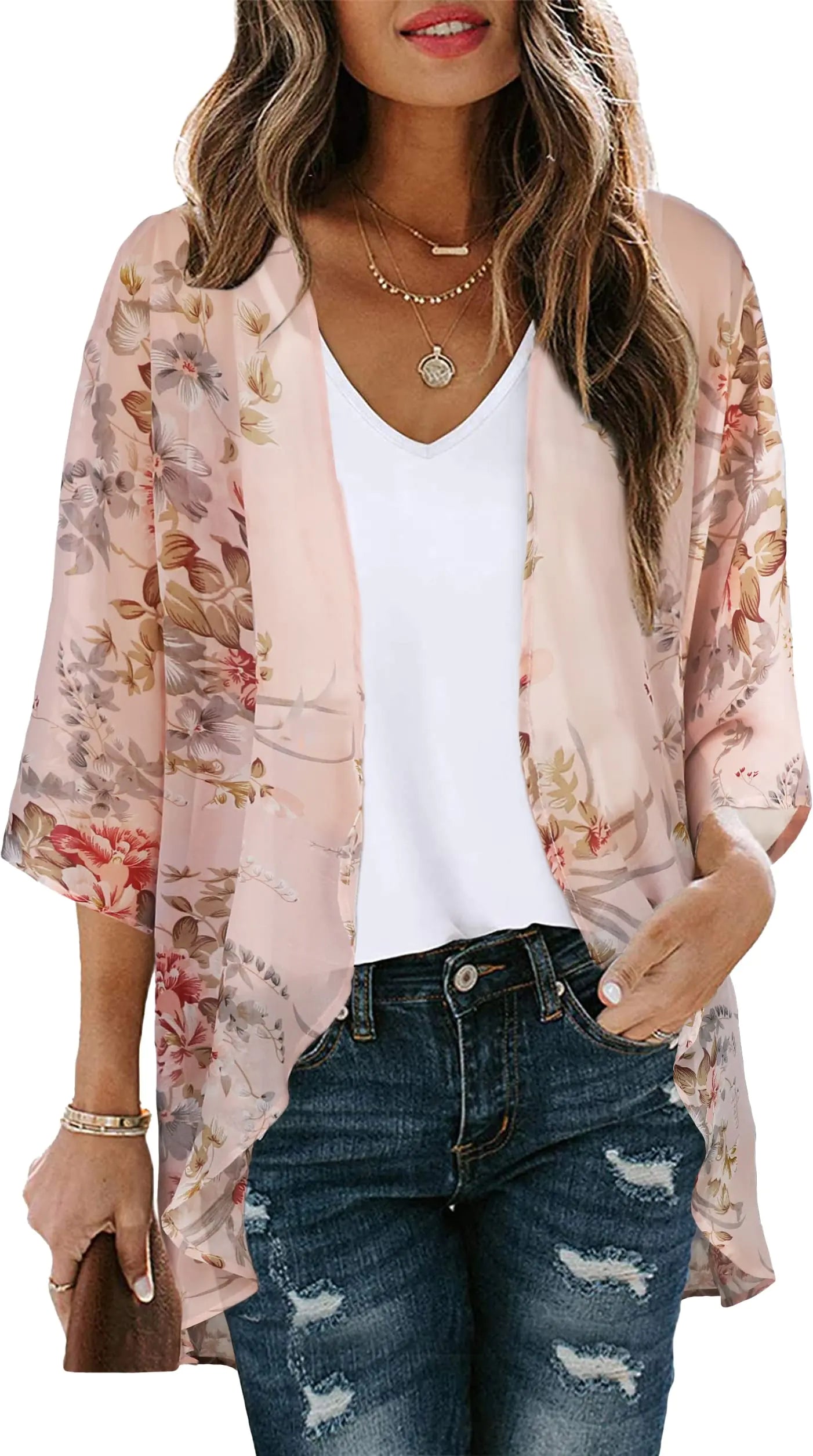 Women's Floral Print Puff Sleeve Kimono Cardigan Loose Cover Up Casual Blouse Tops Small Orange Black