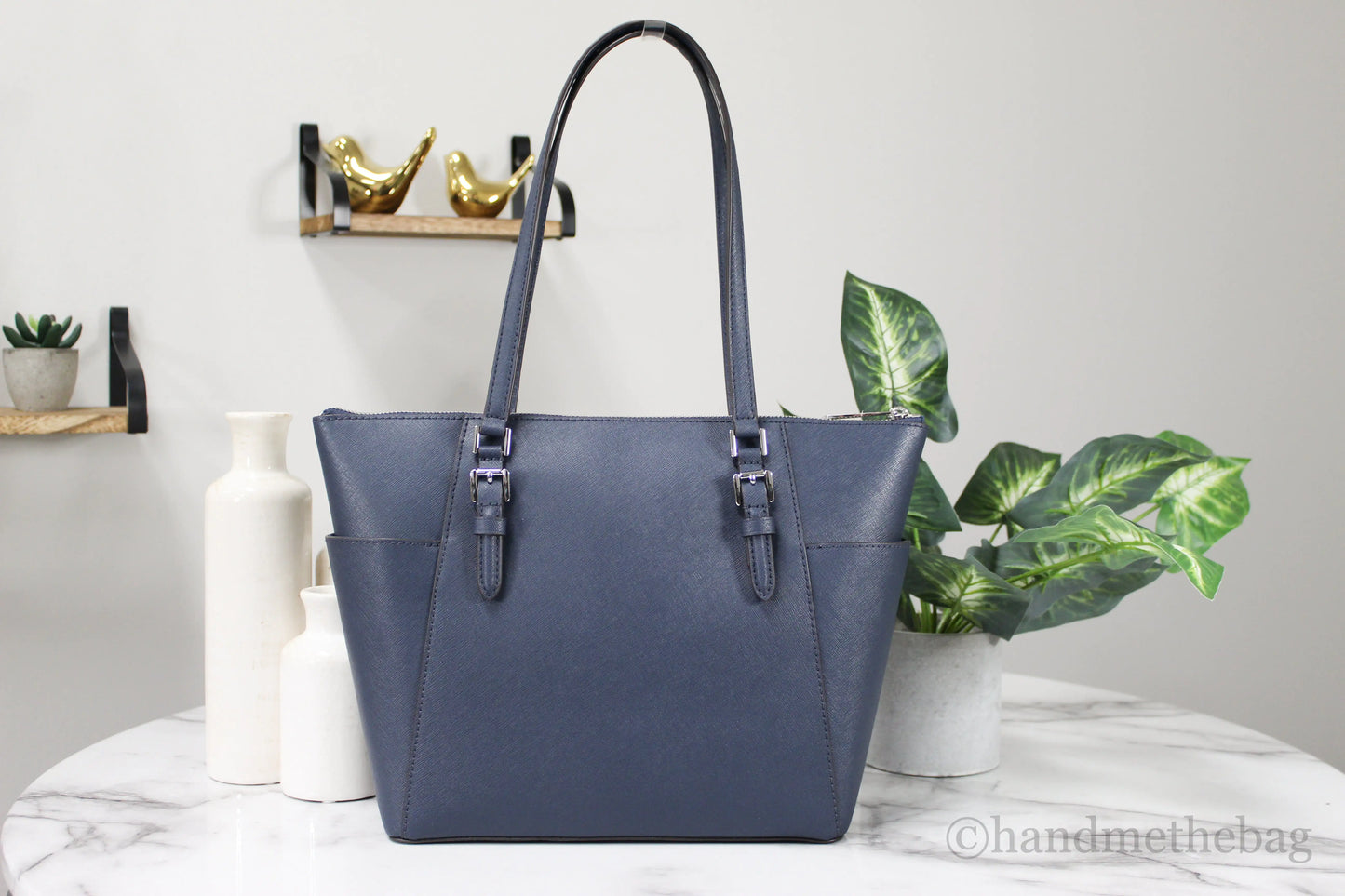 Michael Kors Charlotte Navy Leather Large Top Zip Tote - Estes Brands, LLC