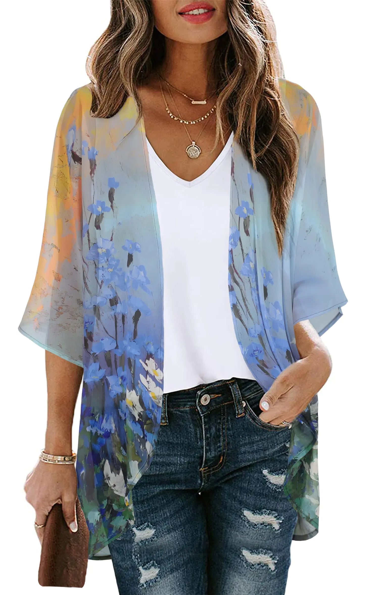 Women's Floral Print Puff Sleeve Kimono Cardigan Loose Cover Up Casual Blouse Tops Small Orange Black