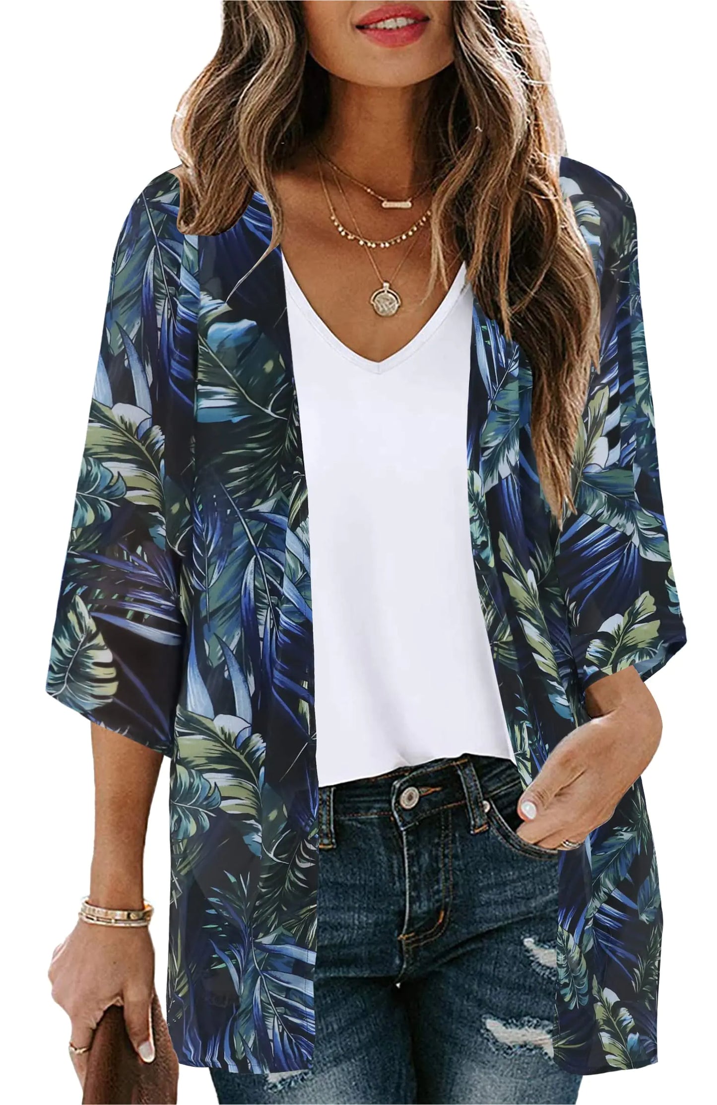 Women's Floral Print Puff Sleeve Kimono Cardigan Loose Cover Up Casual Blouse Tops Small Orange Black